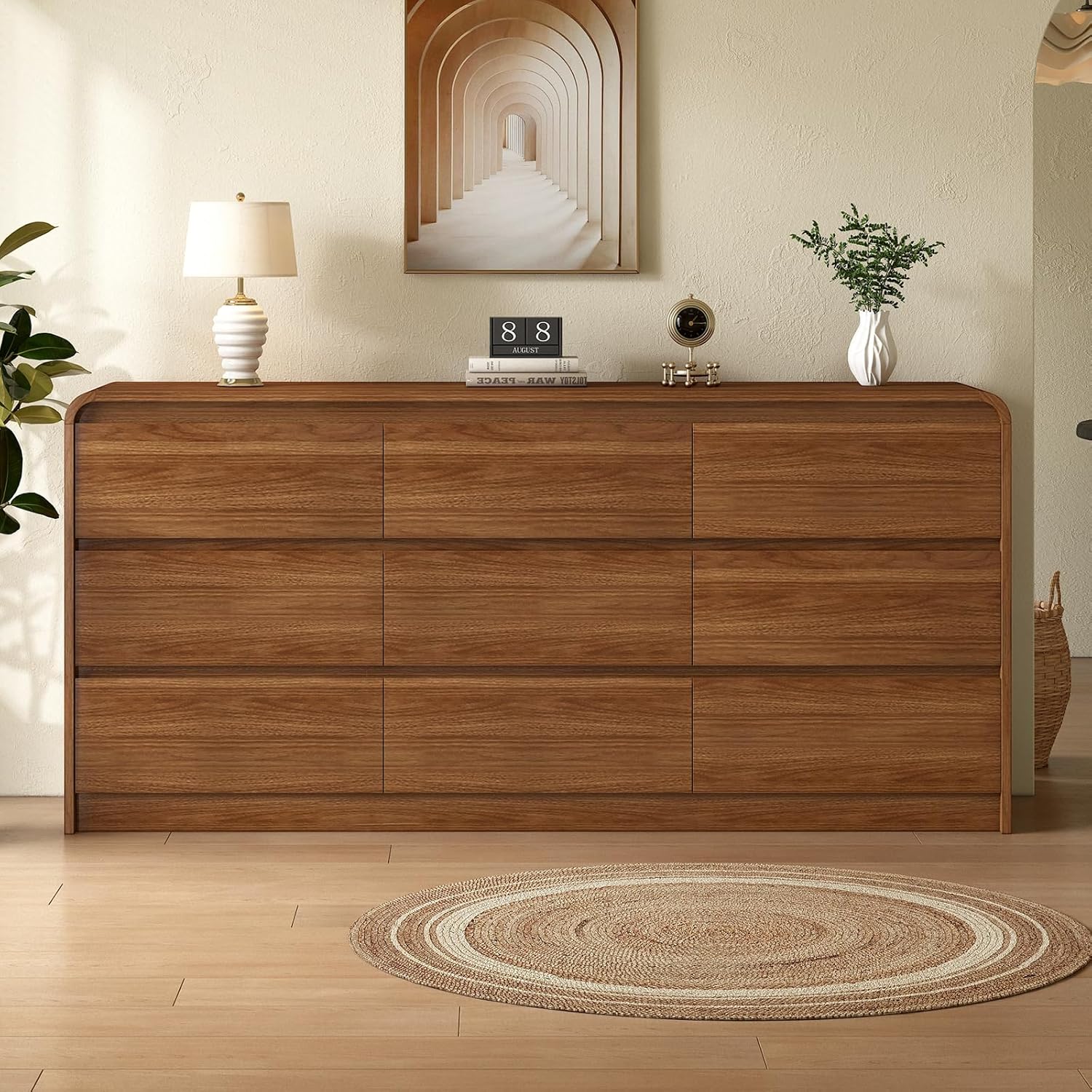 9 Drawer Dresser For Bedroom 63 Inch Wood Chest of Drawers - Curved Anti Collision, Mid Century Dresser For Closet with Natural Texture & Pre-Embedded Slots for TV Stand, Living Room, Nursery