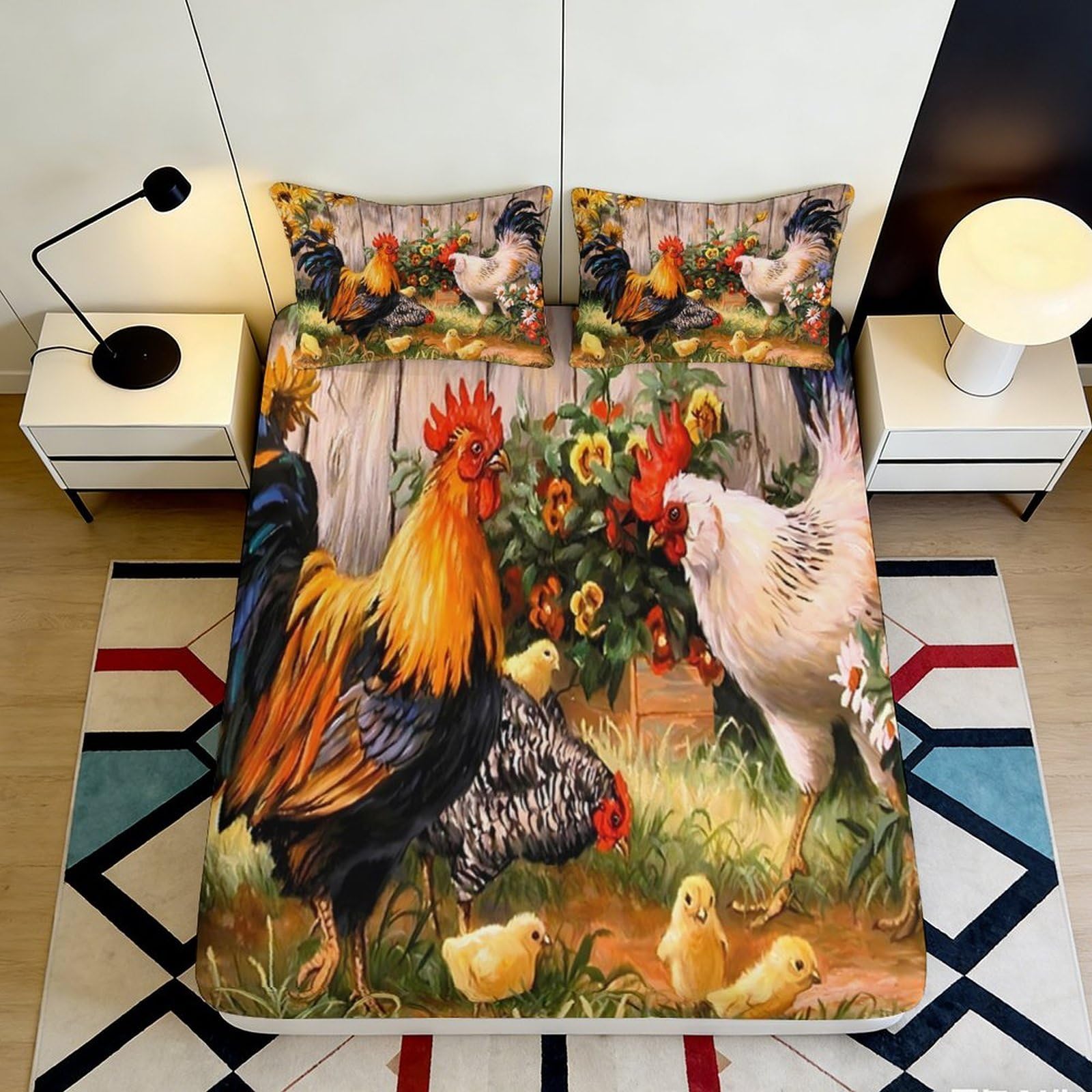 3D Printed Rooster and Hen Fitted Sheet Microfiber Durable Soft Chicken Pattern Bed Cover for Bedroom Dormitory Guest Room Mattress Protection 140x200x25cm