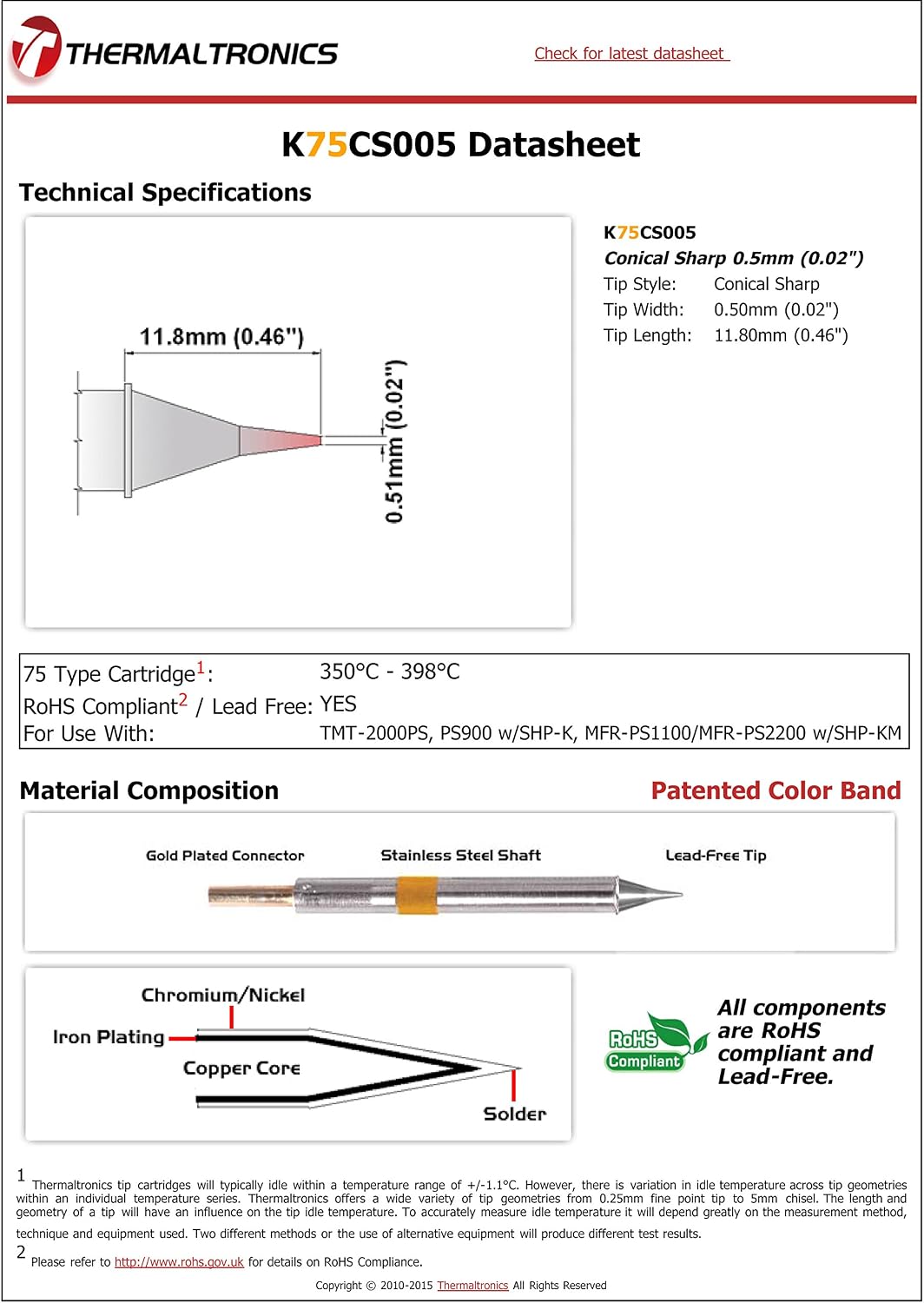 K75CS005 Conical Sharp 0.5mm (0.02in)