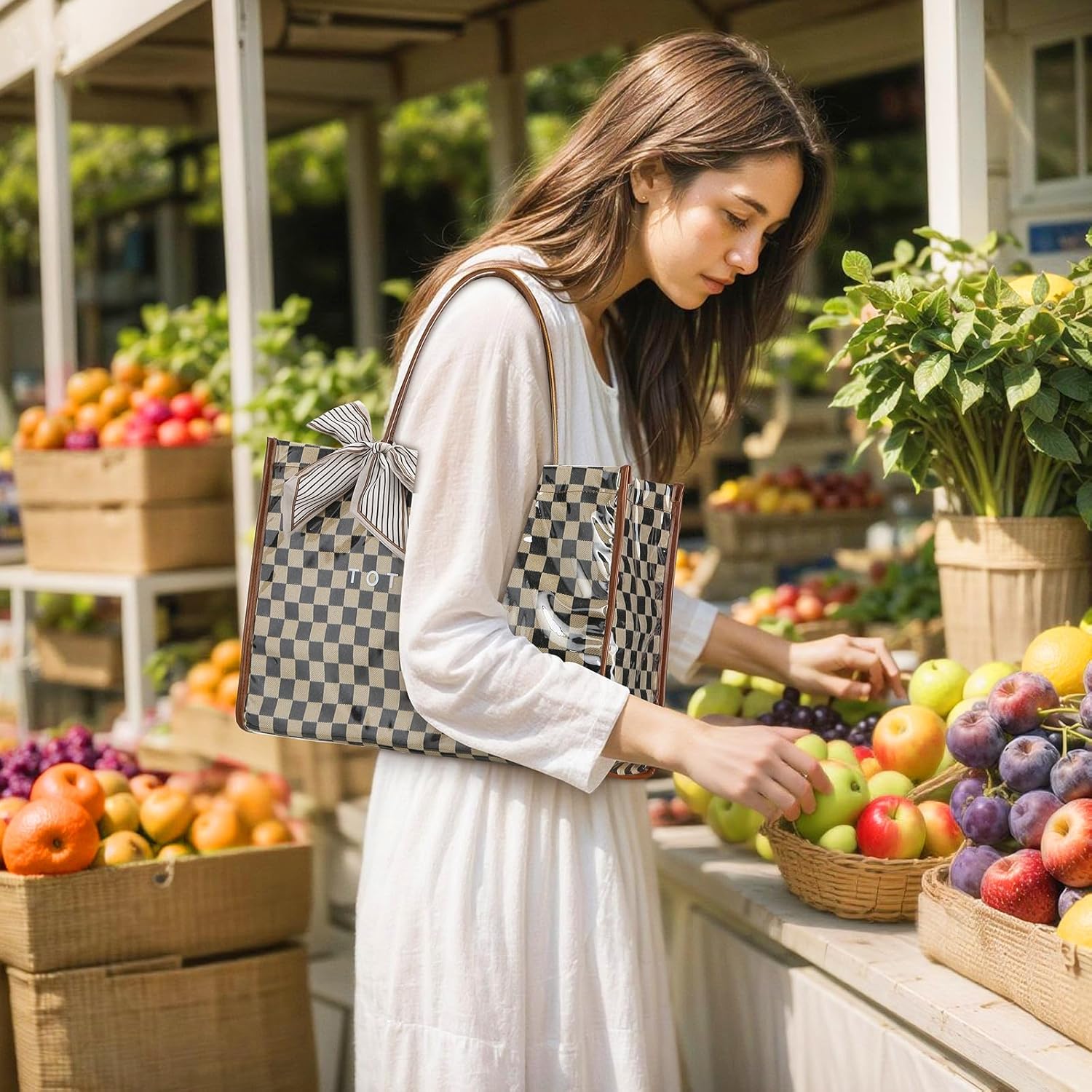 Lushandy PVC Tote Bag for Women, Large Plastic Tote Purse Work Kraft Paper Letter Print Shoulder Bag Carry All Hobo Handbag - Image 2