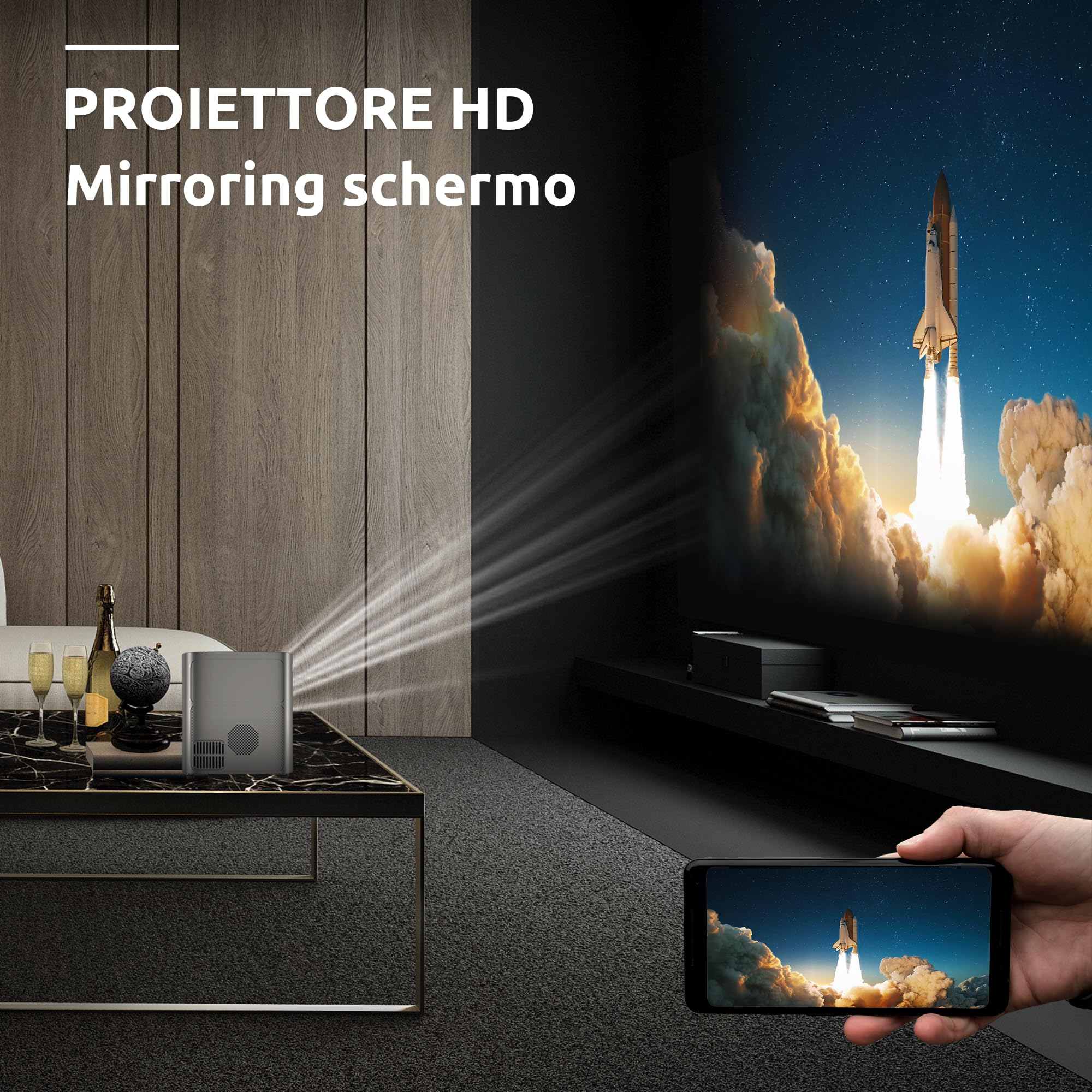 STRONG - Mini proiettore Wifi Bluetooth Q1 - Risoluzione HD 720p compatibile Full HD 1080p - 180 ANSI Lumens - Distanza di proiezione da 0,85 a 2,9 m - Connettività HDMI/USB/AV + Altoparlanti - Grigio