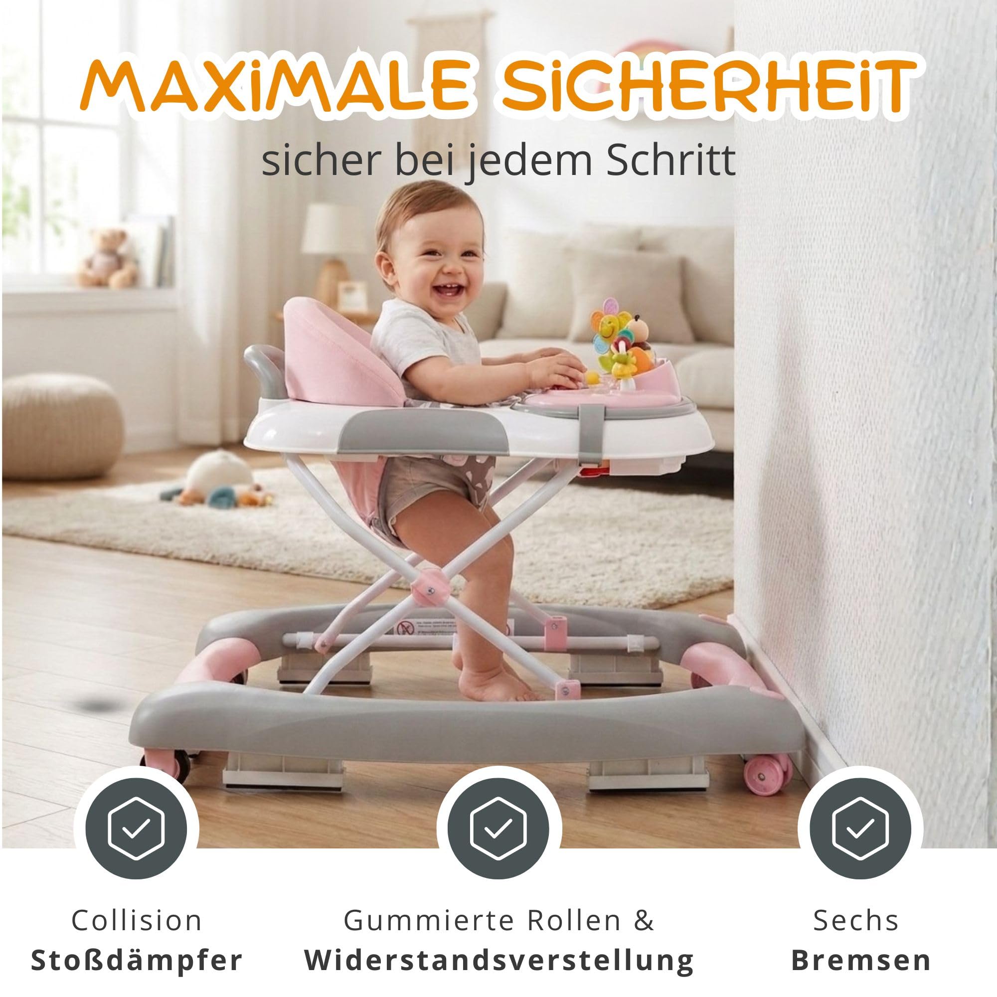 4-in-1 Gehfrei Babywalker ab 6 Monate | Lauflernwagen mit Schaukelfunktion und Spielpaneel mit Musik | Höhenverstellbare und Klappbar | Lauflernhilfe mit leisen Rollen und Bremsen