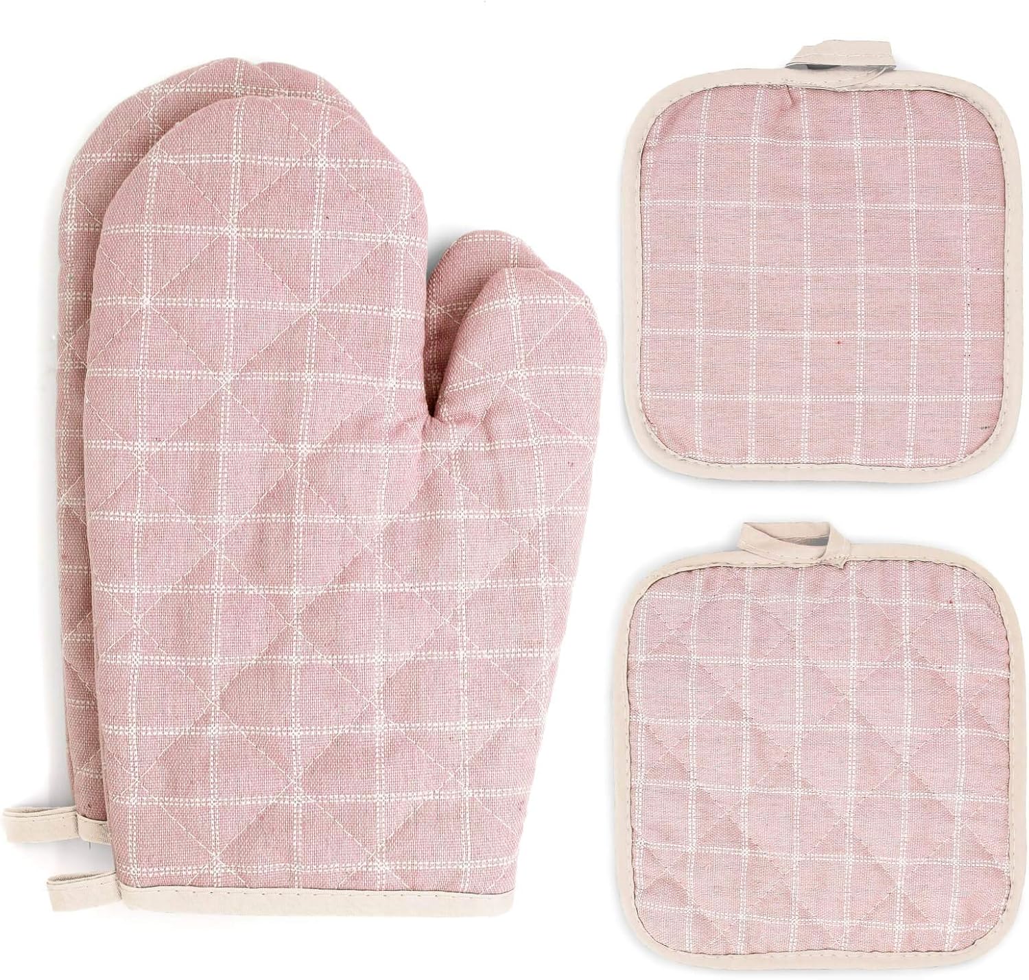 Pretty Jolly Oven Mitts and Pot Holders Sets 4 pcs, Pink Oven Mitt Set with Potholders for Kitchen Heat Resistant, Hot Pads and Oven Mitts Sets Kitchen Mittens Home Cooking Baking Mitts for Woman