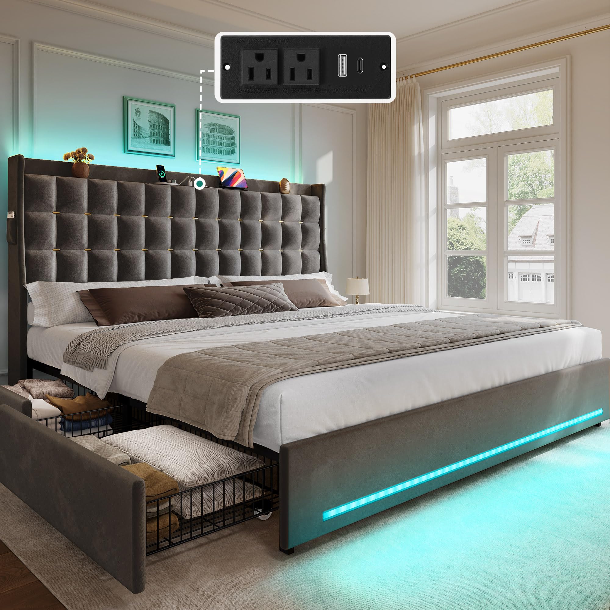 Photo 1 of ** sold as is no refund/return**
YITAHOME King Size Bed Frame with 4 Drawers and RGB LED Lights, Velvet Upholstered Platform Bed with Charging Station and Storage Headboard, No Box Spring Needed, Easy Assembly, Noise-Free, Grey