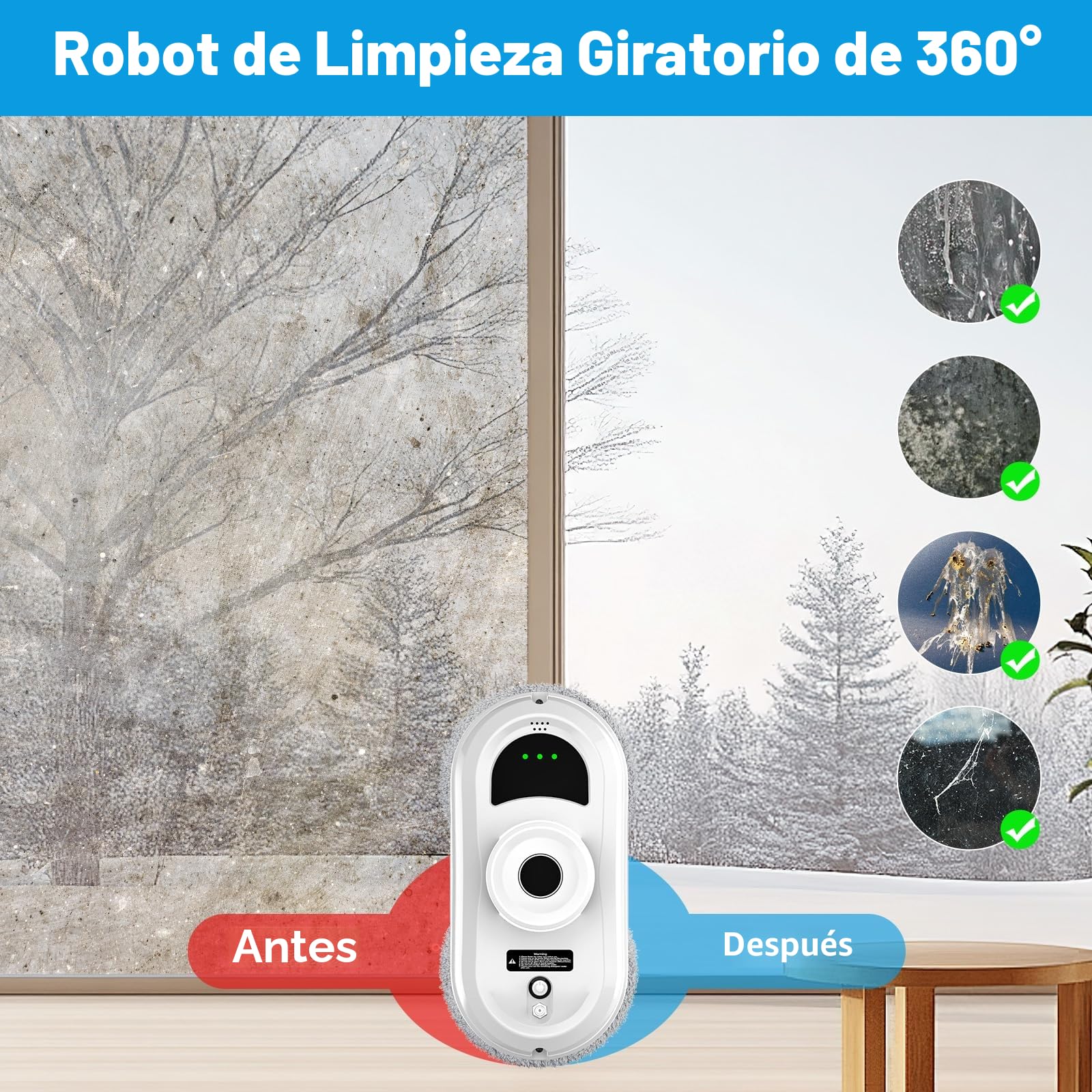 Robot Limpiacristales, Limpiacristales Electrico Ventanas con Succión 5600 Pa, 3 Modos de Limpieza, Sistema de Seguridad, Planificación Inteligente de Rutas y Detección de Bordes, Control Remoto