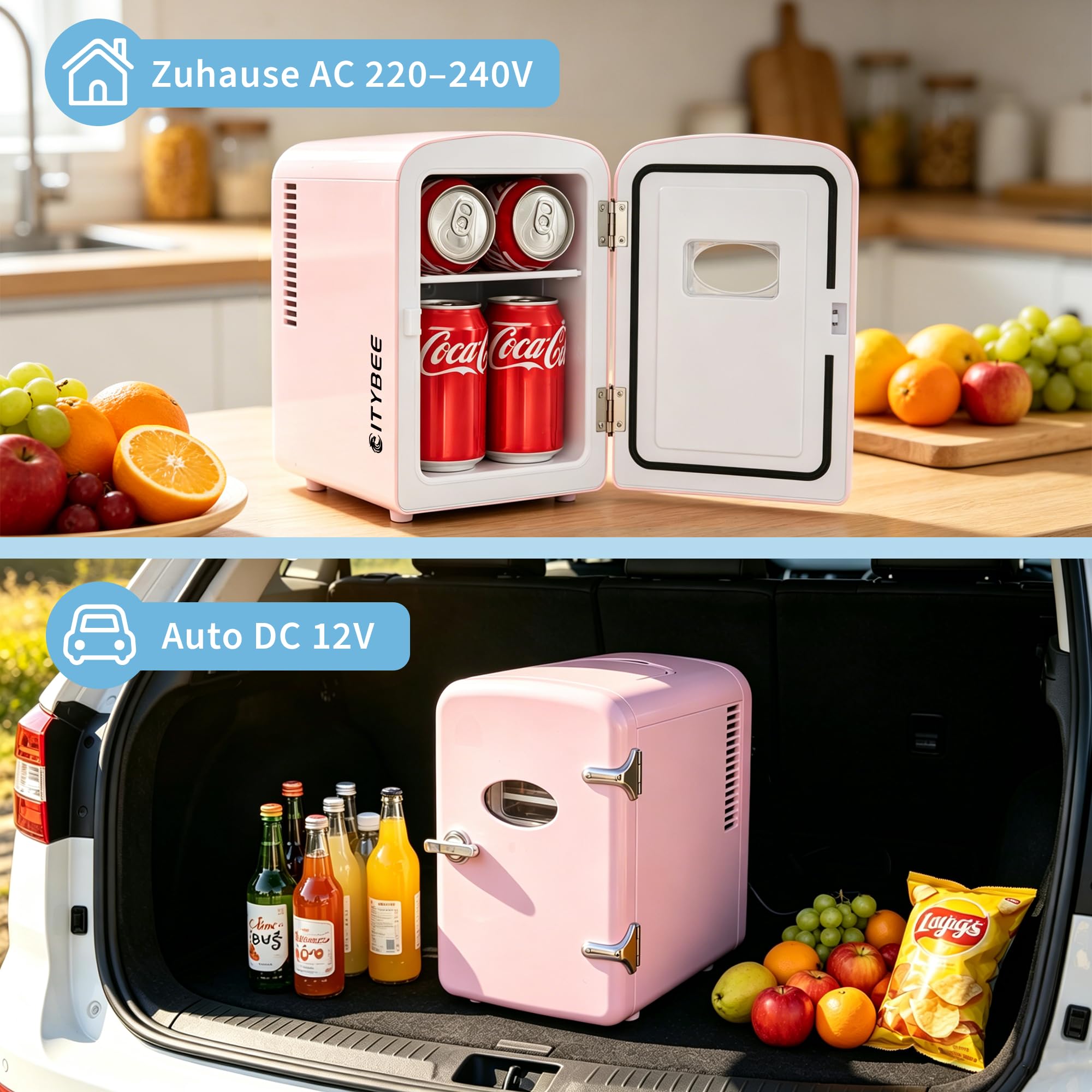 Citybee Mini Kühlschrank 4L mit Kühl- & Heizfunktion 220V AC 12V DC Rosa