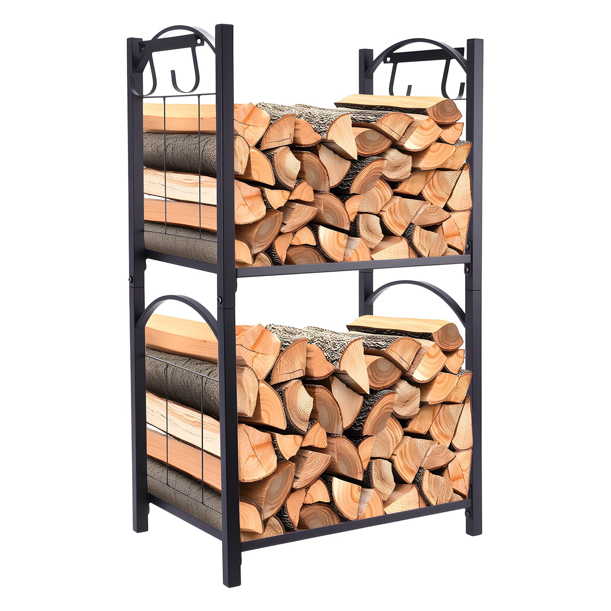 Firewood Rack, 2-Tier Wood Racks Outdoor for Firewood, Metal Log Holders for Firewood with 4 Hooks, Heavy Duty Fire Wood Storage Racks for Outdoor, Indoor, Fireplace, Fire Pit-image-48