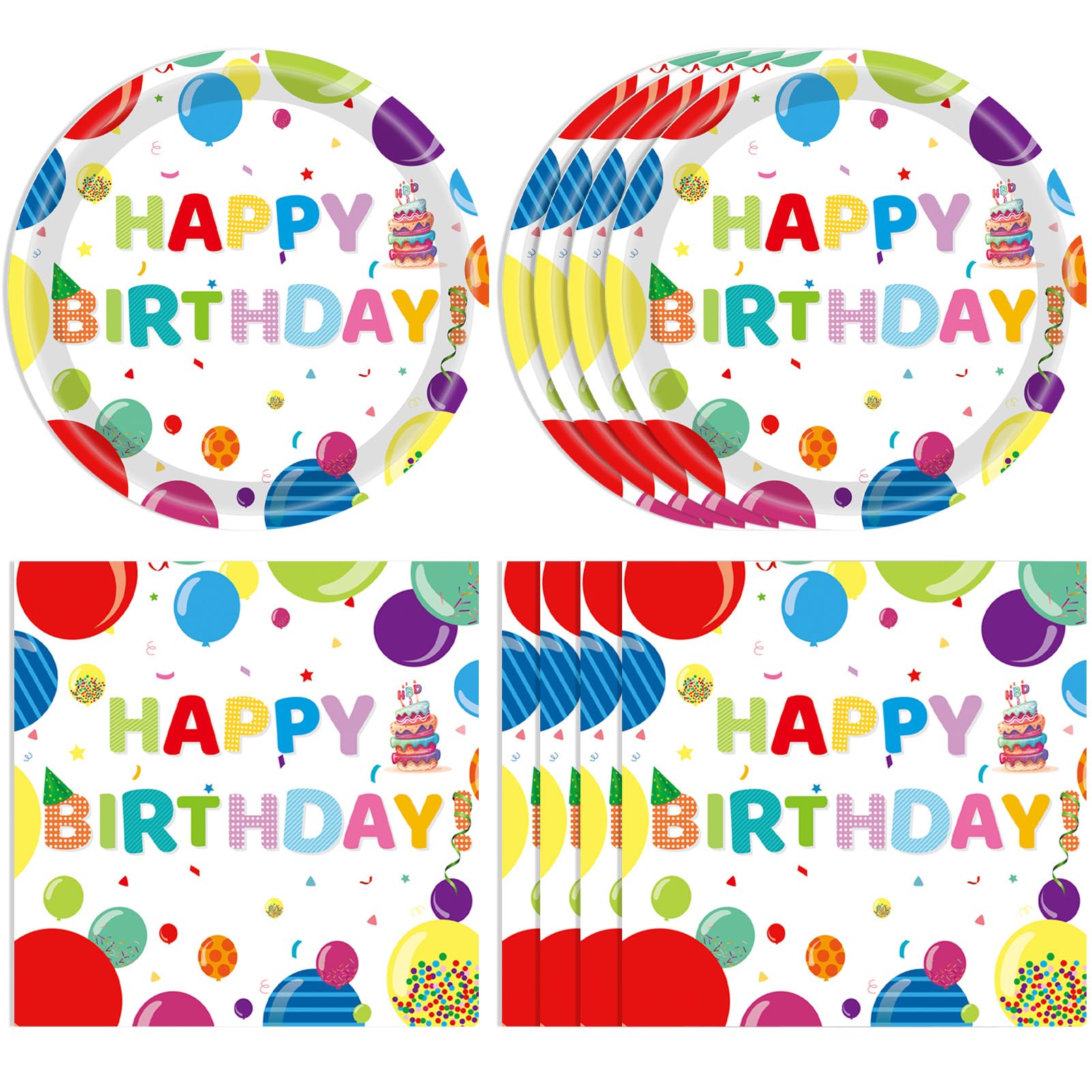40PCS Happy Birthday Decorations Colorful Balloons Design Happy Birthday Party Supplies Set Disposable Paper Birthday Plates Napkins for Boys Girls Birthday Baby Shower Serves 20