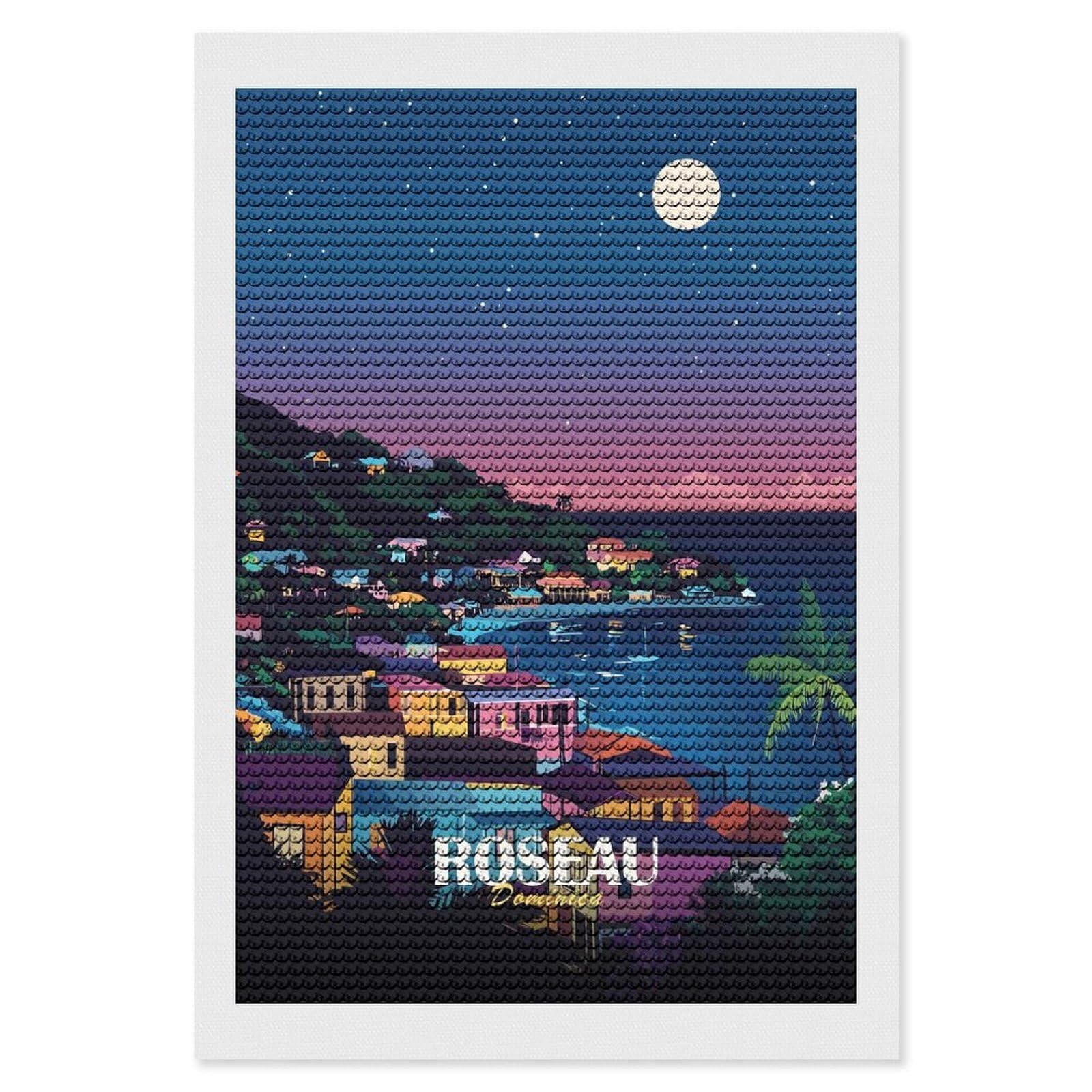 Junmoney Roseau Dominica Nightscape Art Print DIY Diamond Art Canvas Kit 8"x12", Pleasing Wall Art Project, Easy Handmade Project, Living Room Decor