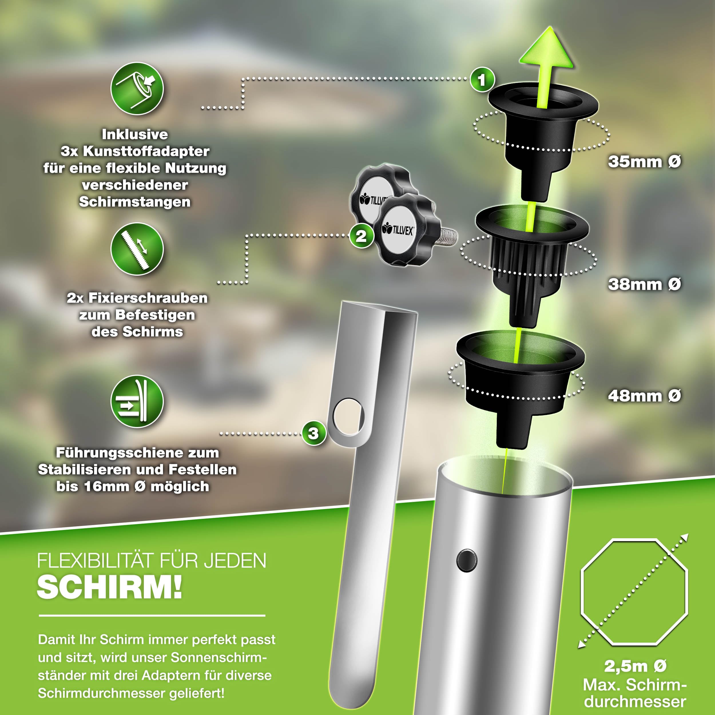 tillvex® Granit Sonnenschirmständer mit Edelstahlrohr | Schirmständer Sonnenschirm für Schirmstöcke 16-48mm & 300cm Schirmdurchmesser mit Transportgriff (Grau, Eckig mit Trolley-Griff)