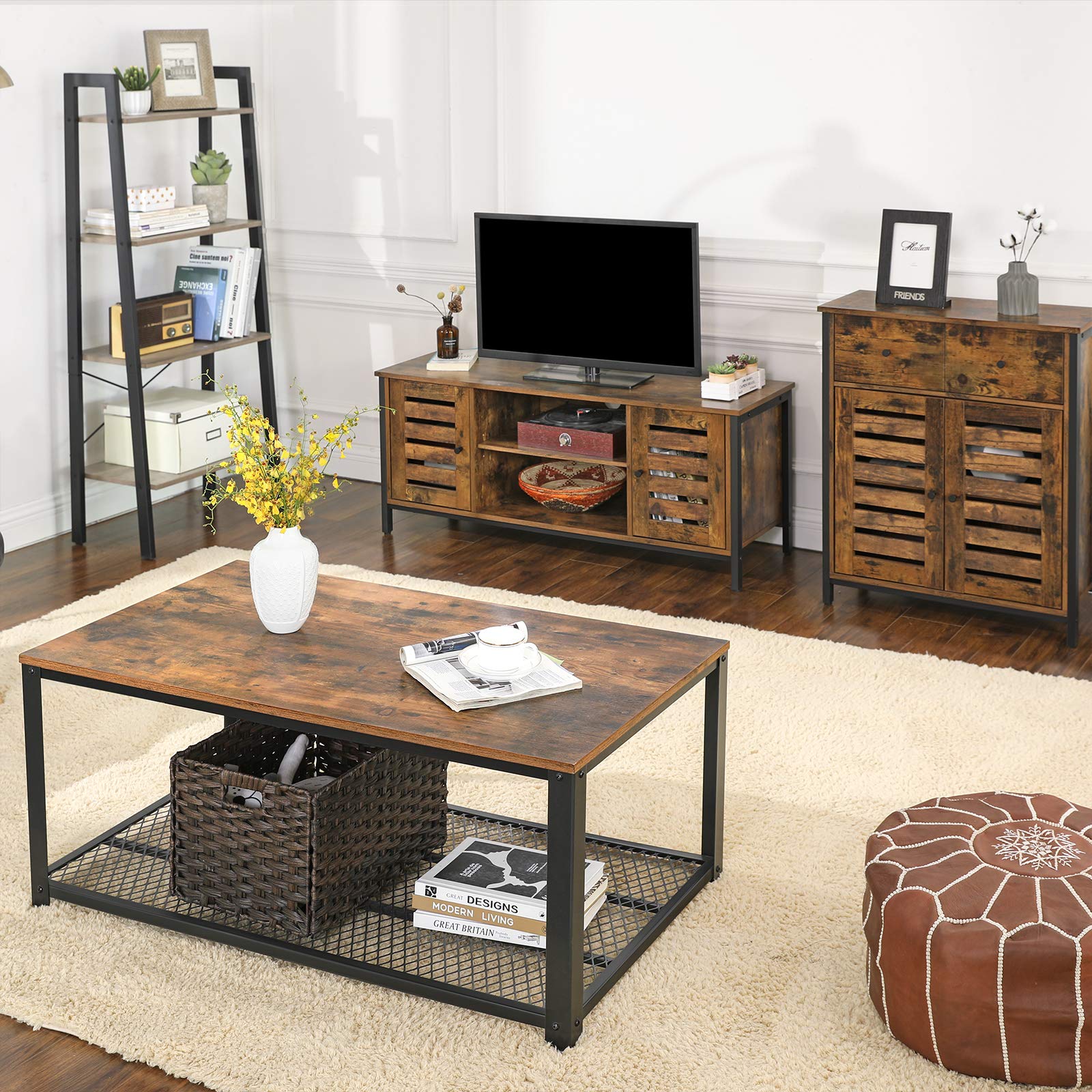 VASAGLE Bodenschrank, freistehender Schrank mit 1 Schublade und Ablage, Küchenschrank, Lamellentüren, für Wohnzimmer, Flur, Büro, Schlafzimmer, rustikales Braun LSC86BX