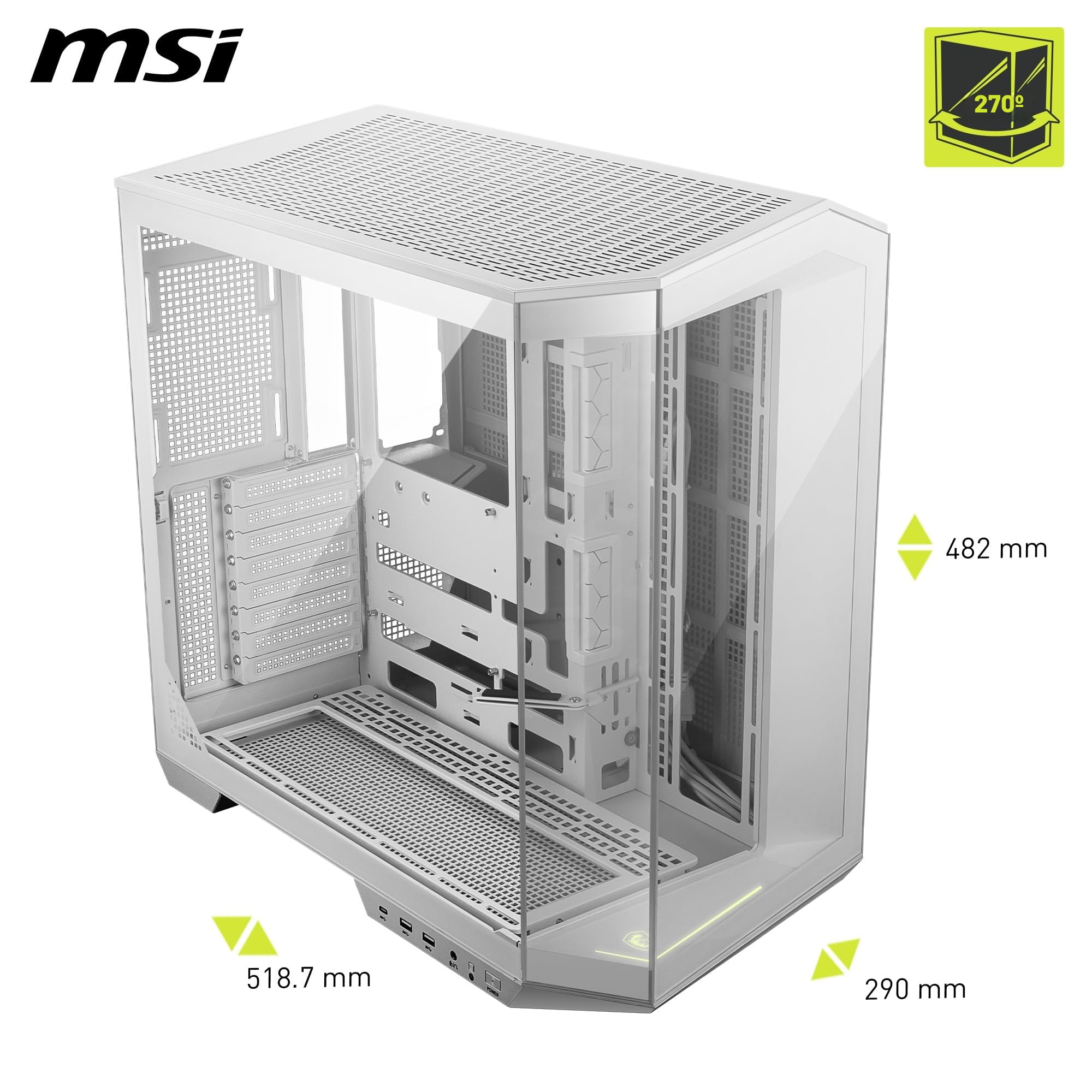 MSI mag PANO - Carcasa para PC ATX de 100 L PZ, Capacidad ATX, Soporte de instalación de GPU Vertical, Soporte de GPU, filtros de Polvo, Soporte de Almacenamiento oscilante, cámara Doble, USB 20 Gbps