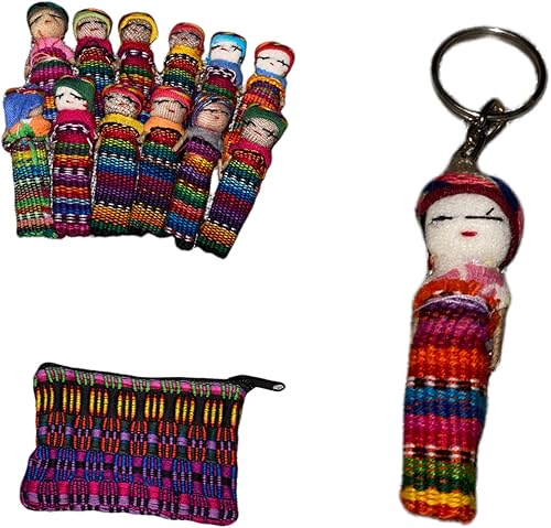 Miniatura 6 de Guatemala Worry Dolls - Juego de 12 muñecas tradicionales de 2.2 x 0.4in, con bonita bolsa de almacenamiento y llavero adicional, colores vibrantes
