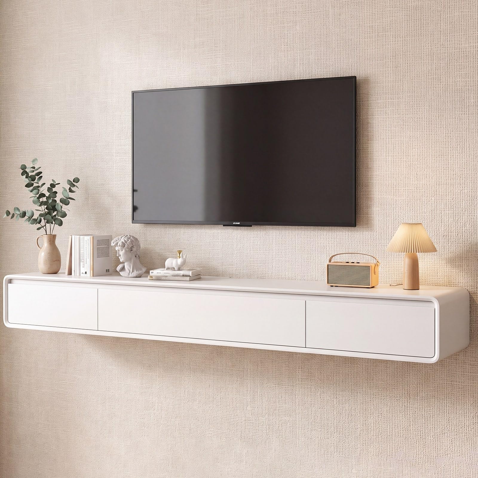 Pływająca szafka pod telewizor, montaż ścienny, nowoczesny mebel pod telewizor z szufladami i otwartymi półkami, biała, 240 cm