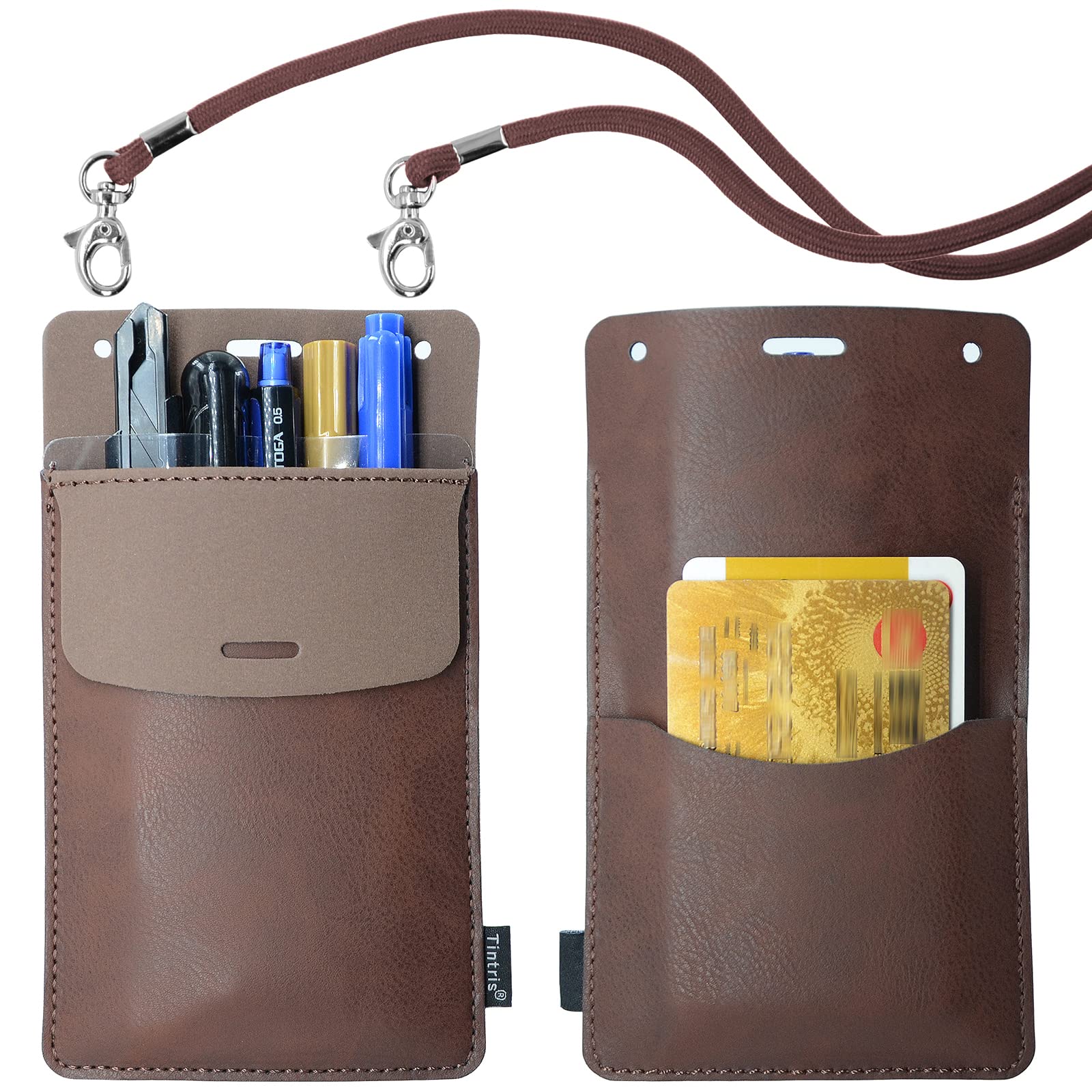 Pocket Protector, 3 Pack Leather Pen Pencil Holder Pouch Organizer for Men Pocket Shirt Lab Coat Small Tools, Designed with a Lanyard & an Extra Back Pocket, Thick PU Leather, Chestnut