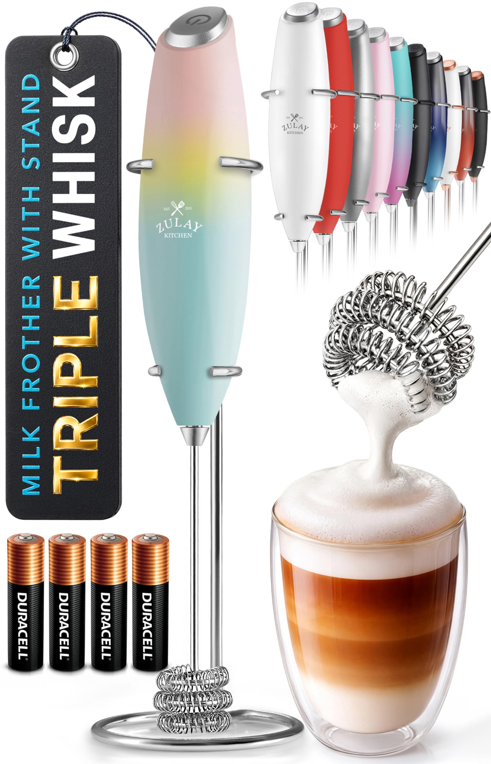 Zulay Kitchen Powerful Milk Frother Wand With Duracell Batteries - Ultra Fast Handheld Drink Mixer - Electric Whisk Foam Maker for Coffee, Lattes, Cappuccino &amp; Matcha - Triple Whisk - Pink Sunrise