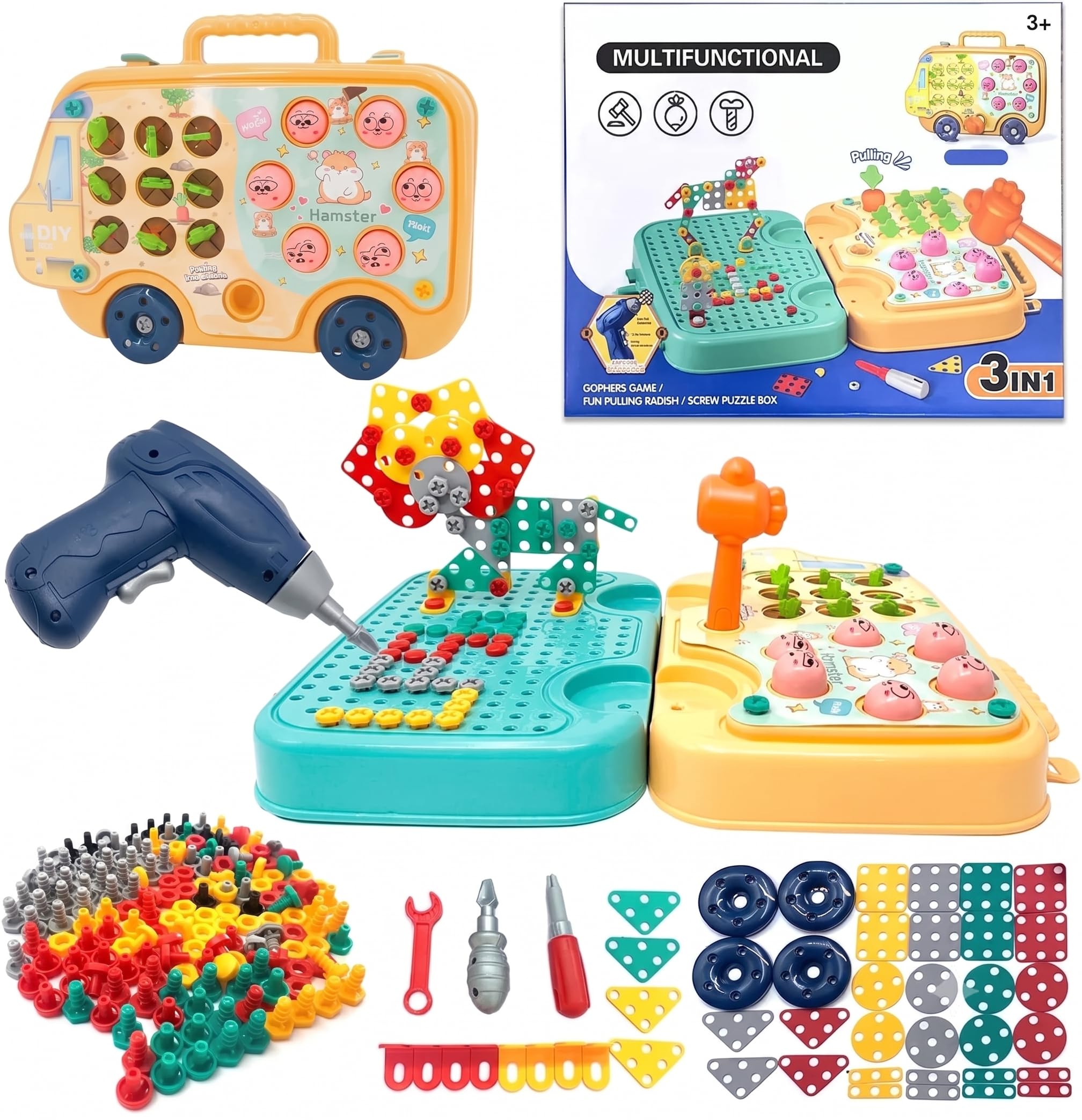 P SQUARE Plastic Electric Drill & Screw Set Design Creative Mosaic Art Puzzle Drilling Toy, EducationalLearning Kit - Fun Activity for Kids (Funny CAR Toy)-image-49