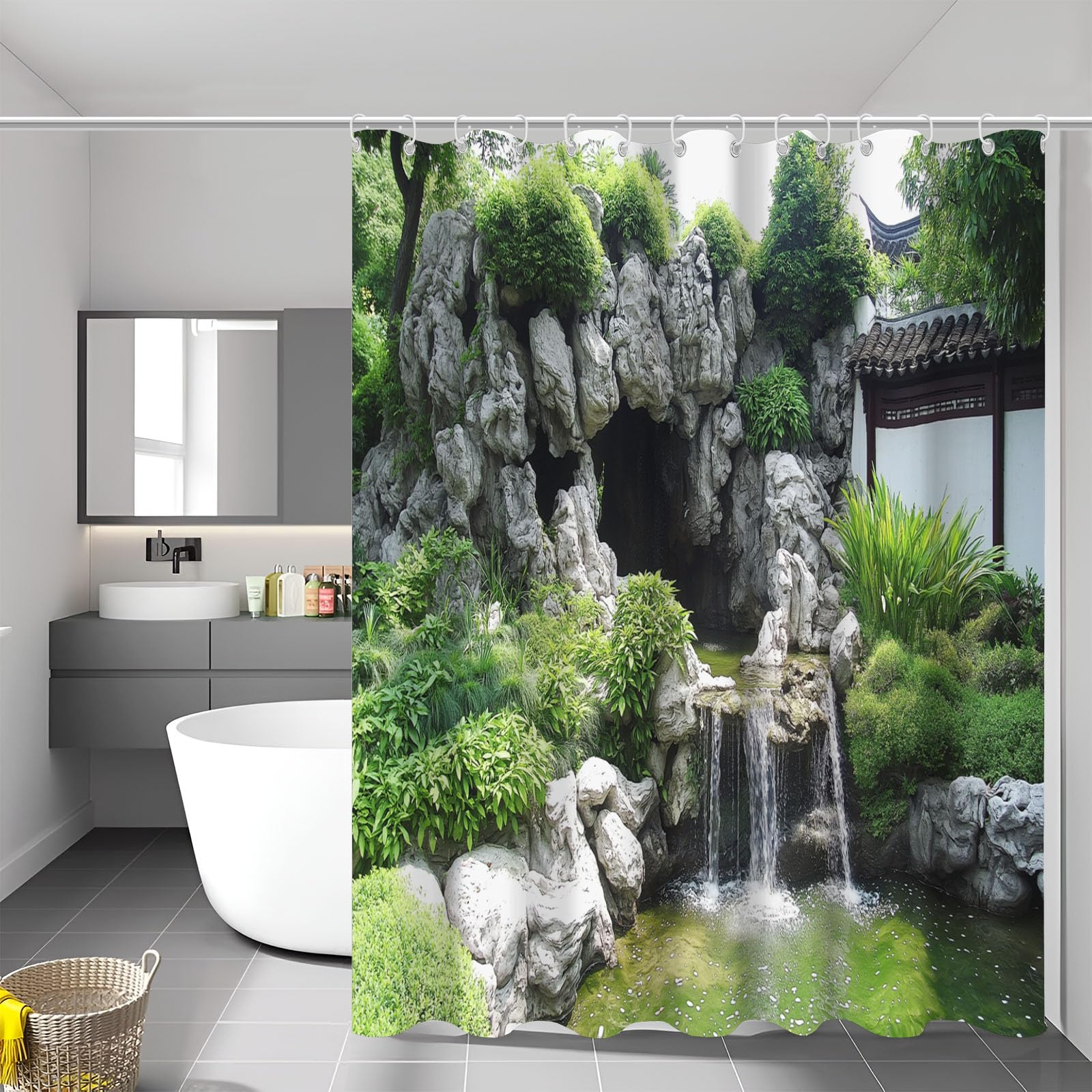 Rideau de douche style chinois 240 x 200 en tissu polyester durable et lavable
