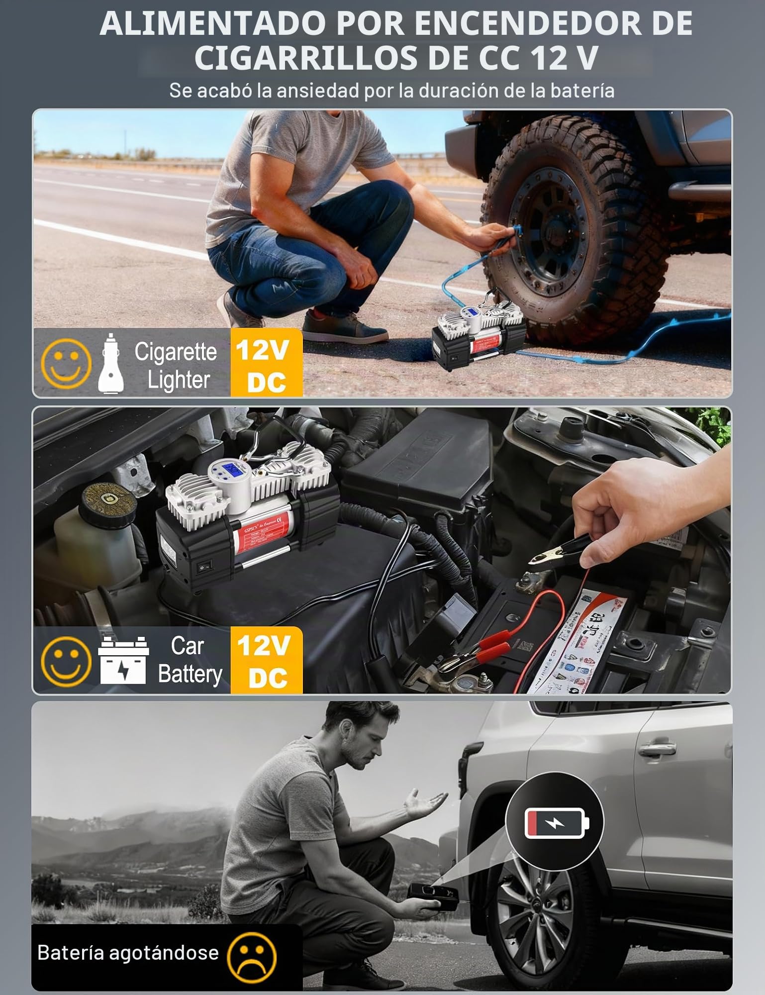 GSPSCN Portatil Compresor Aire Coche Digital, inflador Ruedas de Doble Cilindro de 12 V de Alta Resistencia, Hinchador Electrico neumáticos Bomba 150 PSI con Kit de reparación de neumáticos