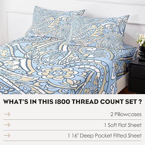 Miniatura 6 de Sábanas tamaño King  Paisley  Sábanas lujosas de microfibra cepillada de 3.17 ozm  Sábanas refrescantes transpirables para cama tamaño King