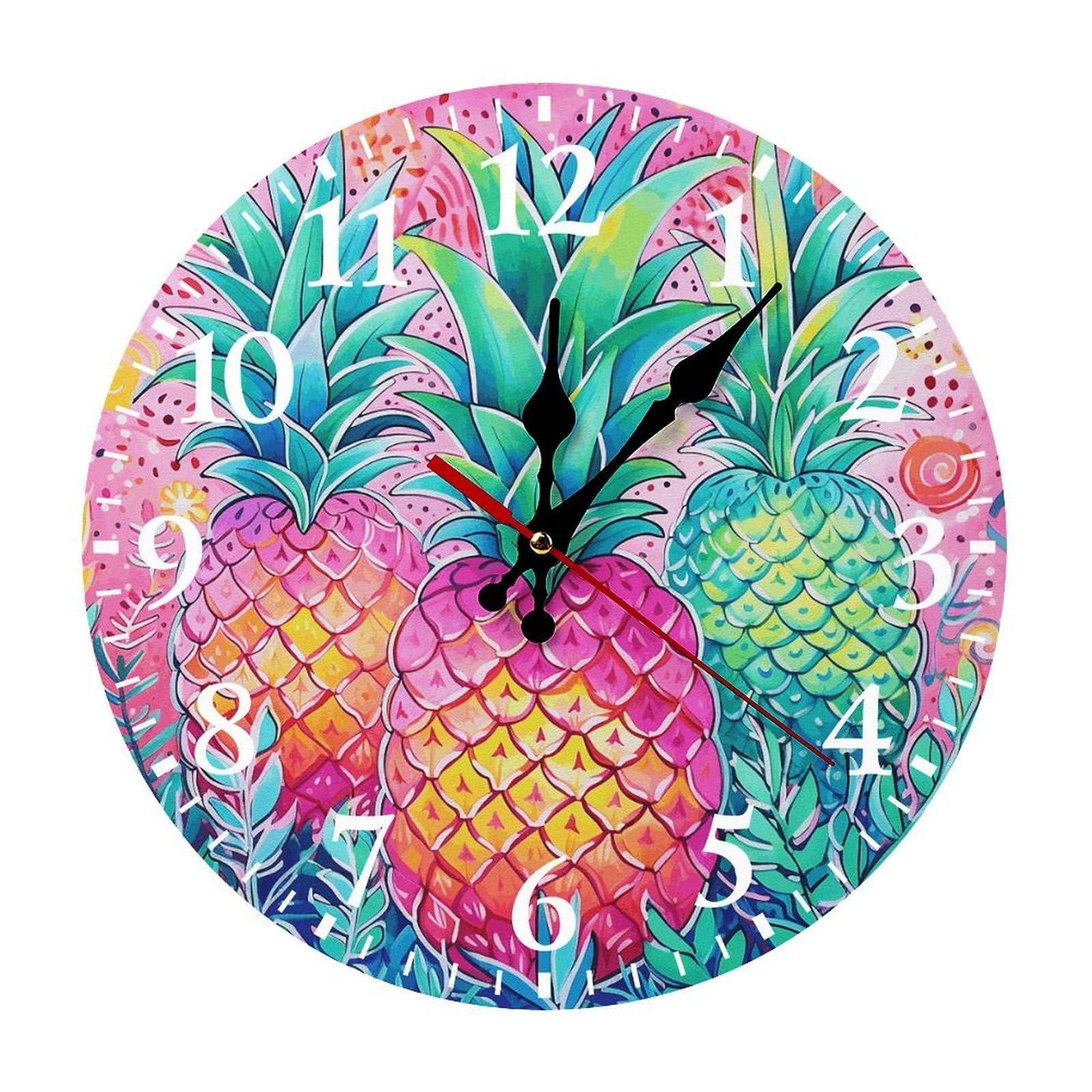 NTVOWPZO 10 Inch Wall Clock Three Big Pineapples Battery Operated Wall Clocks Silent Non-Ticking Round Wall Clock for Living Room Kitchen Home Office Wall Decorative Clock