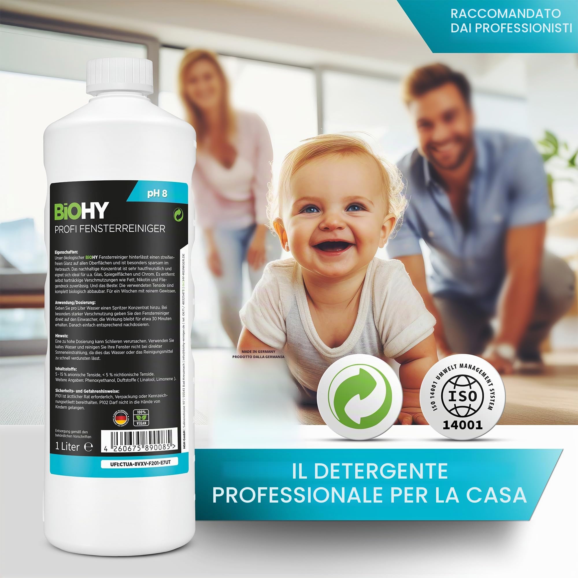 BiOHY Detergente per finestre professionale (6 bottiglie da 1l) + Distributore | Detergente concentrato per vetri | adatto ai PULITORI A VUOTO PER VETRI | pulizia senza striature (Fensterreiniger)