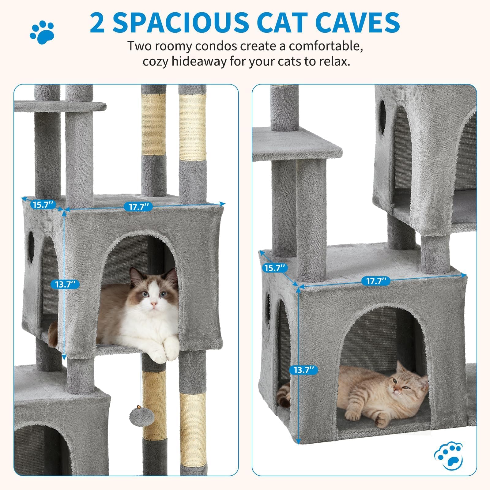 GarveeHome Torre Rascadora para Gatos Grandes - Árbol De 156 cm con 7 Postes De Sisal Natural, Plataforma Extra Grande y 2 Casas, Estructura Robusta para Maine Coon y Gatos Pesados - Gris