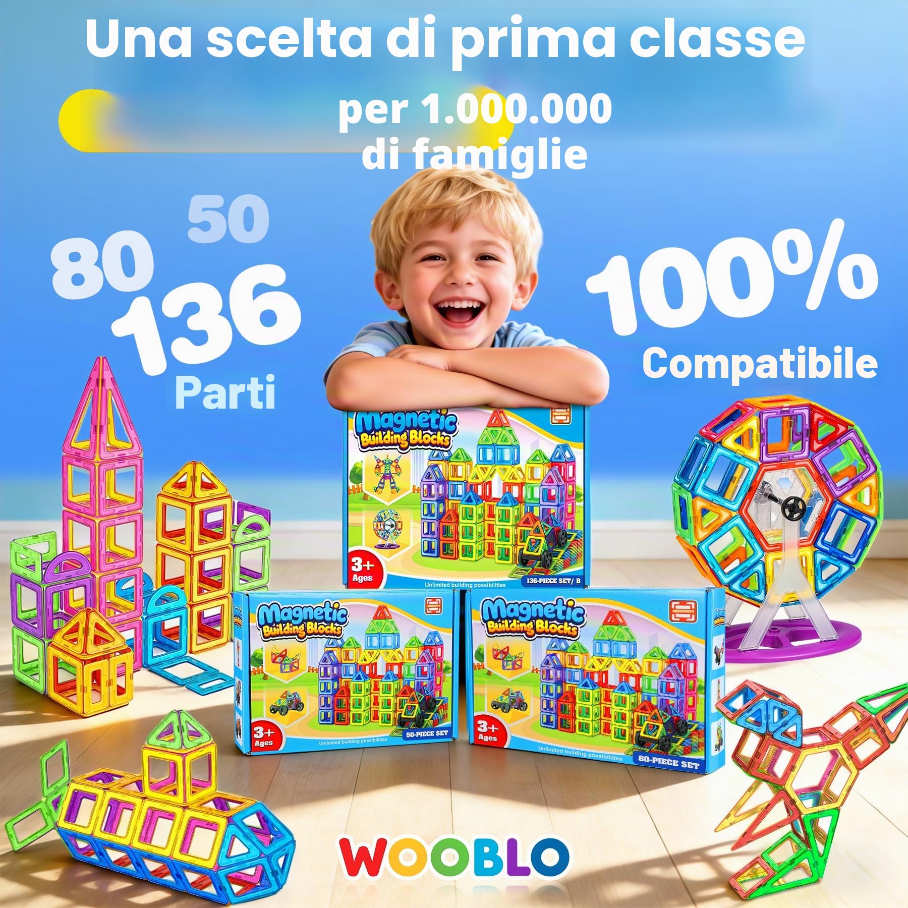 WOOBLO Costruzioni Magnetiche, 136 Pezzi Blocchi Magnetici, Costruzioni Magnetiche per Bambini 3 Anni, Giochi per Bambini Giochi Montessori per Ragazzi e Ragazze di 3-8 Anni, Gioco di costruzione