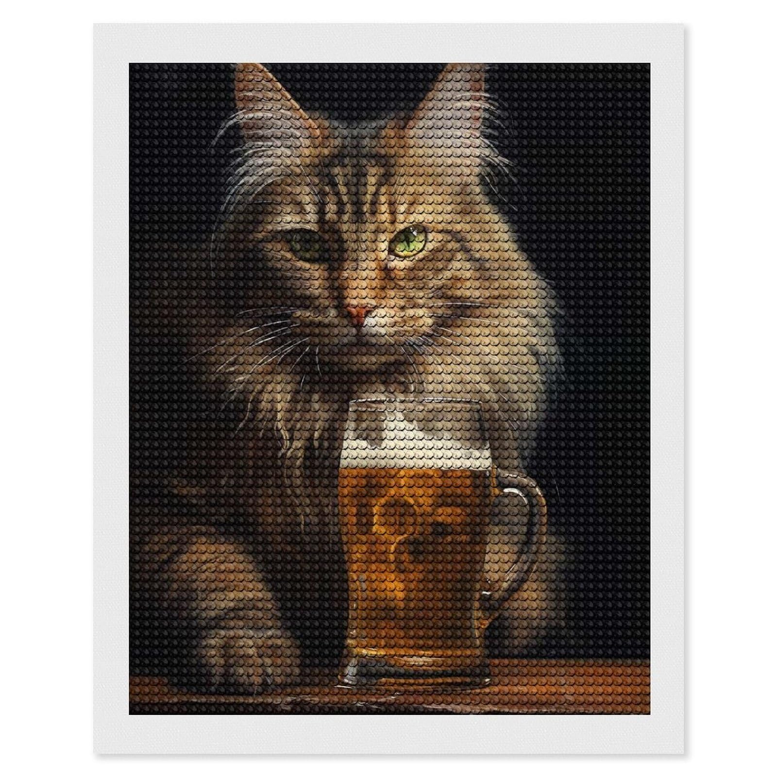 Junmoney Cat Beer(2) Diamond Painting Set 16"x20", Sparkling Round Gems, Decorate Your Room, Fun Craft Experience, Modern Decor