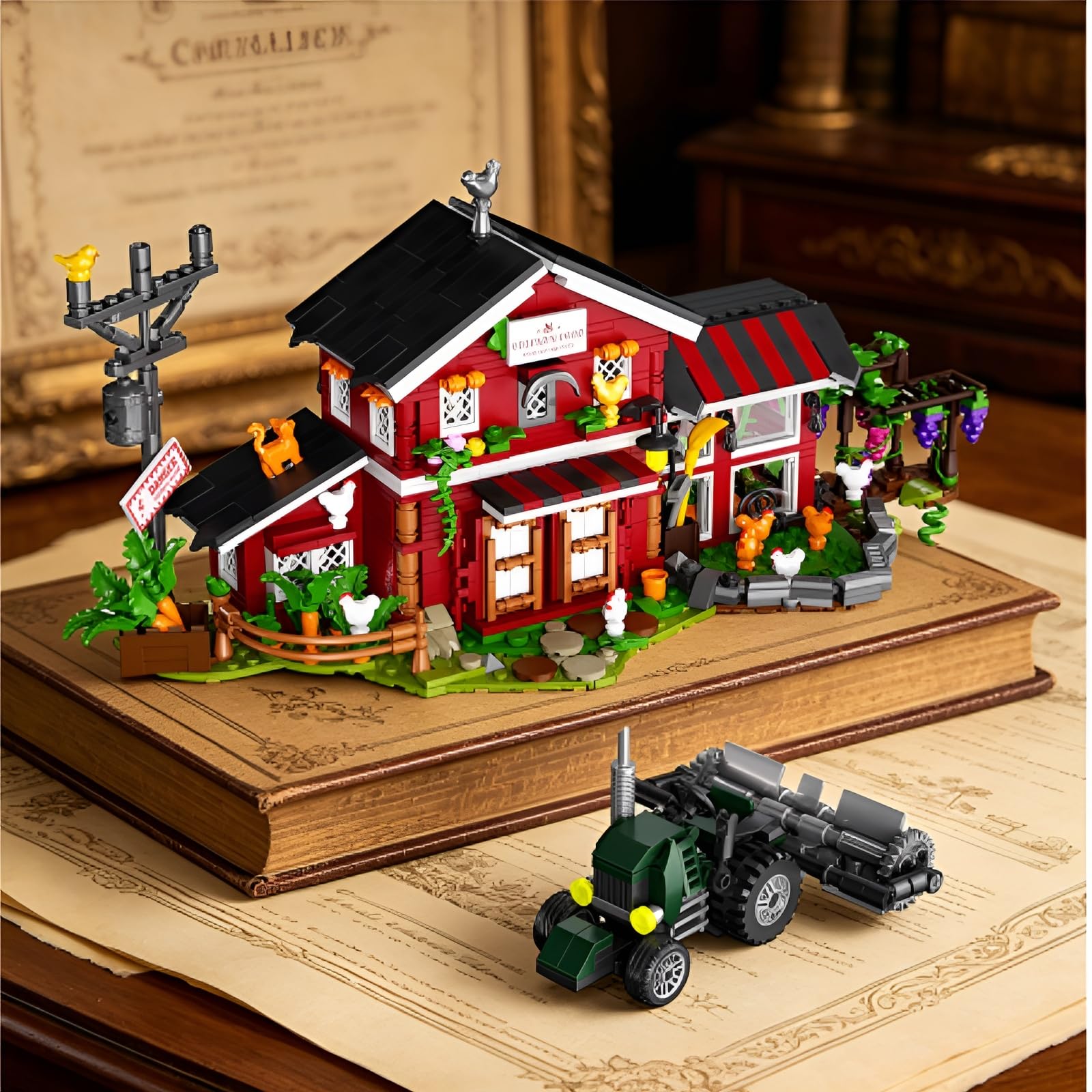 Western Farm Bausteine, Rotes Scheunen Hühnerstall Architektur Modell | Ländliches Bauernhaus Bauspielzeug mit Hühnerstall Traktor Weinlaube, Dekoration für Homeoffice, Geschenk für Erwachsene
