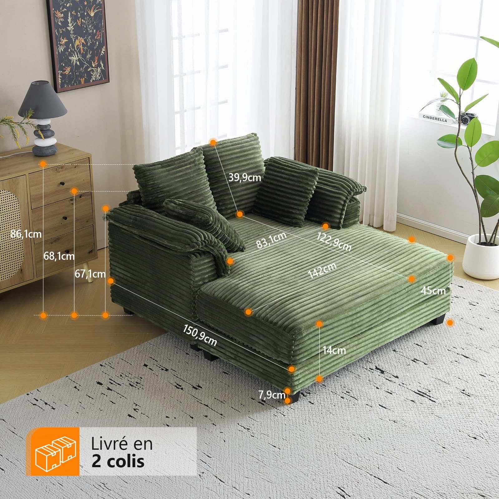 VINGLI Canapé-Lit 2 Place, Fauteuil Longue Confort, Méridienne avec Accoudoirs Courbés, Grand Sofa Accompagné avec Coussins Lombaire, Lit d'Appoint pour Salon, 142 x 151 x 86 cm, Velours Côtelé, Vert