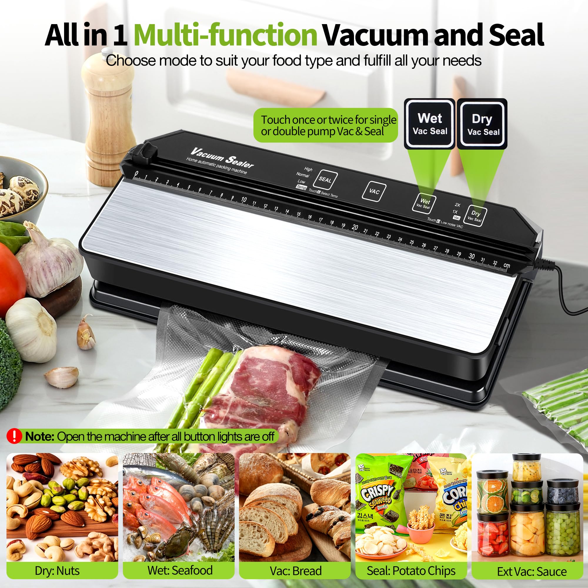 DeeprBetter Domestica Envasadora al Vacío Alimentos, 90kPa con Doble Bomba | Embasadoras Vacio Alimentos Secos&Húmedos, Todo en 1 Maquina Envasar al Vacio Alimentos con 13mm Sellado Ampliado, 15 Bolsas