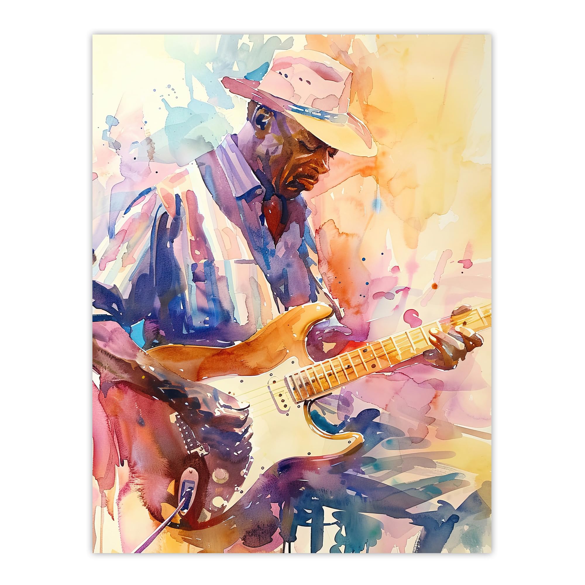 Artery8 Electric Guitarist Music Portrait Watercolour Wall Art Print - Orange - W18" x H24"