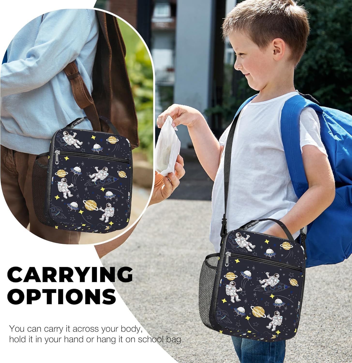 Clastyle Blue Astronauts Insulated Lunch Bag for Kids, Portable Large Thermal Cooler Lunch Bag for Boys, School Lunch Box Bag with Bottle Holder - Image 2