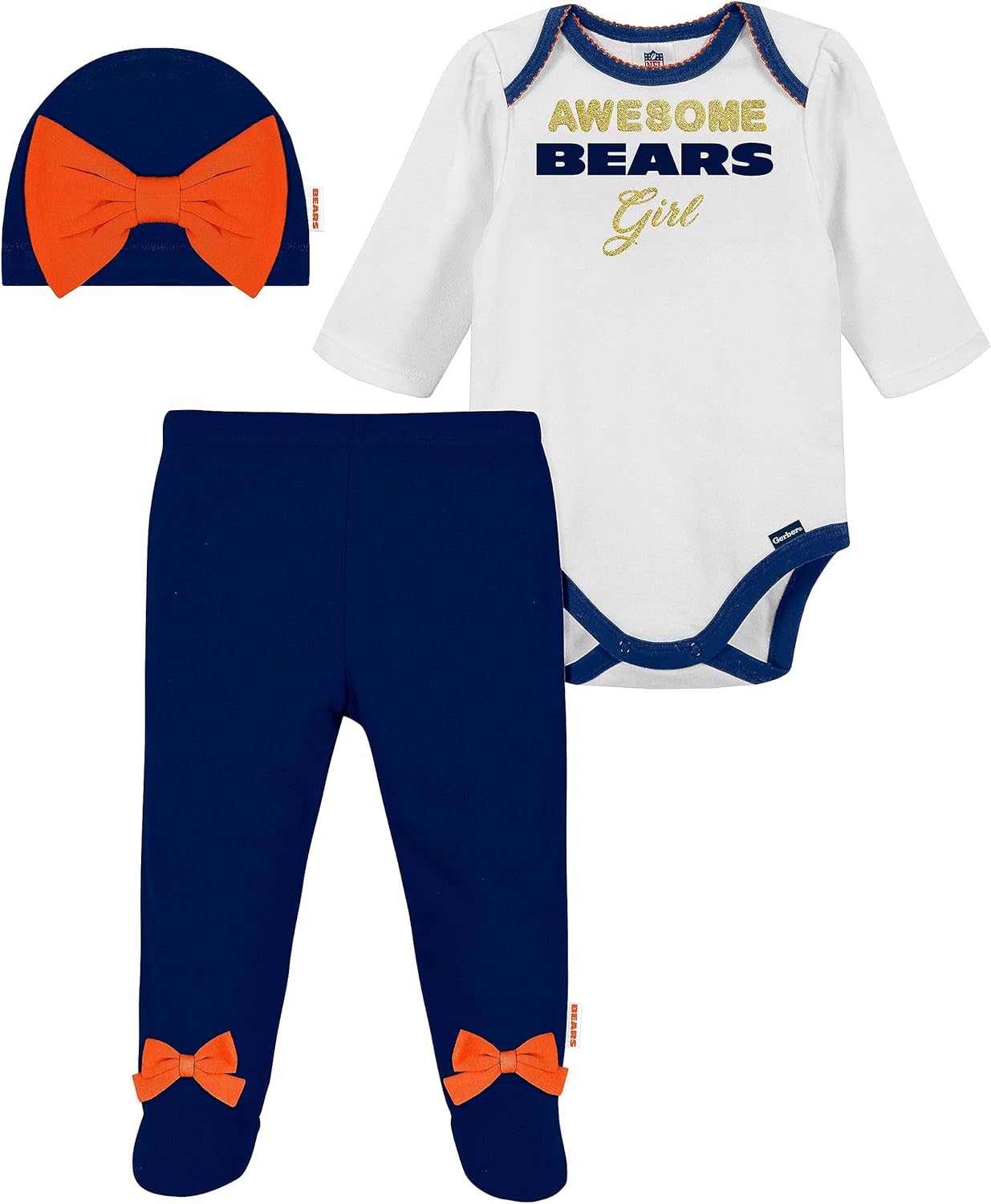 Gerber NFL baby girls 3 Pack Bodysuit Registry Gift Set Footed Pant and Cap