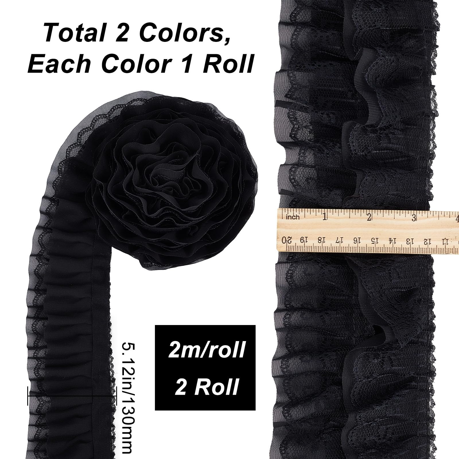 GORGECRAFT 4 m Volant 3 Strati Pizzo Rifinitura 13 cm di Larghezza Bianco Nero Pieghettato Pizzo Passamaneria Raccolto Volant Nastro Chiffon Bordo Passamaneria Tessuto per Stoffa Cucito Ricamato