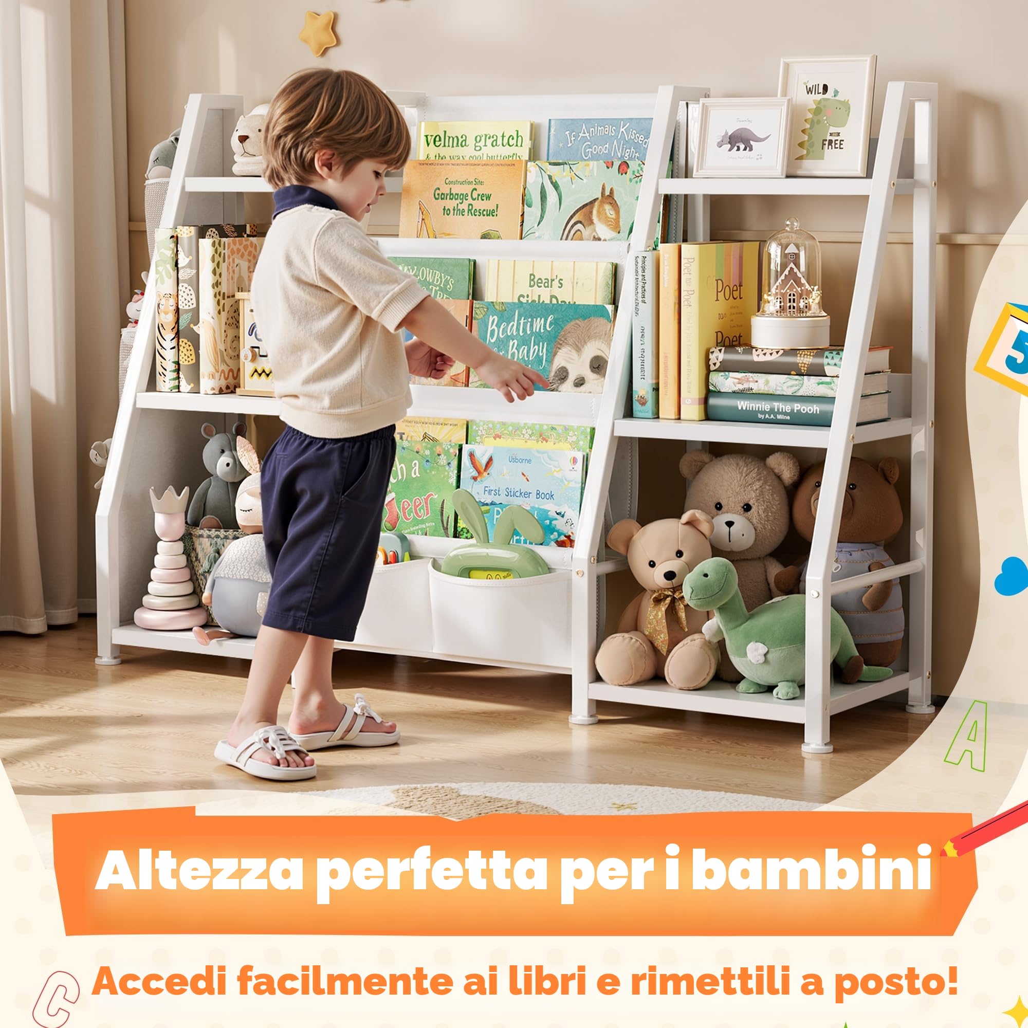 GoTiling Libreria Montessori per Bambini per Cameretta: Libreria Aperte con 6 Scomparti - Scaffale Portagiochi per Asili e Sale Giochi - Bianco