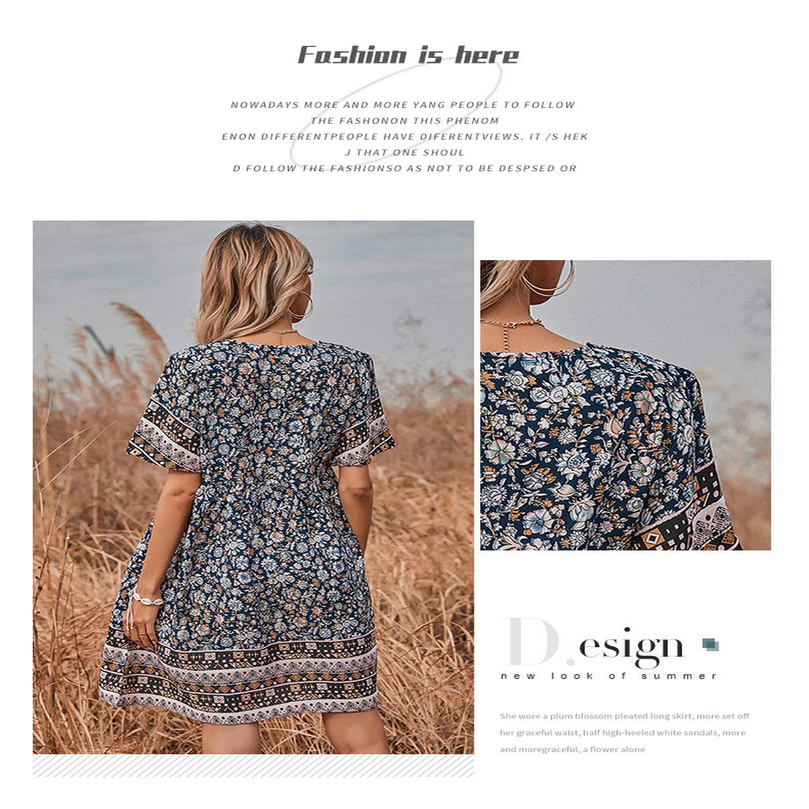 Vestidos de verano para mujer, estilo bohemio, con estampado floral, cuello en V, manga corta, cintura alta, vestidos fluidos YYEFNMAZ