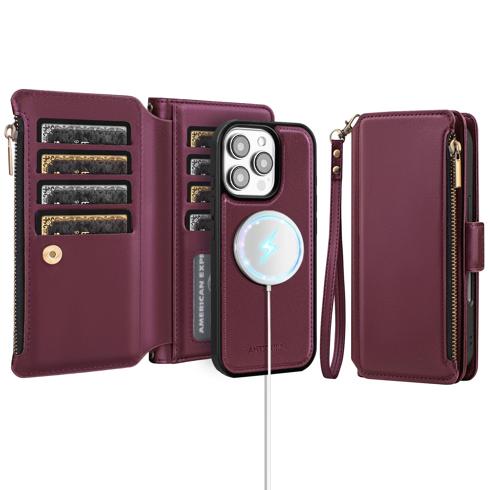 Antsturdy Compatible with Magsafe Magnetic 2 in 1 Detachable iPhone 16 Pro Max Wallet Case with Credit Card Holder Slots,PU Leather RFID Blocking