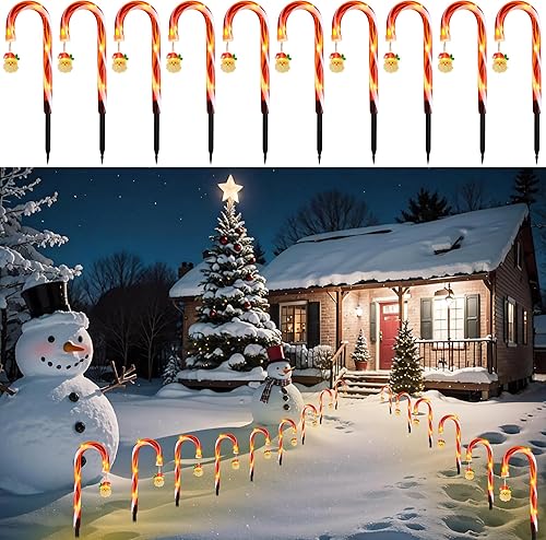 Miniatura 9 de J-HVA Luces LED de bastón de caramelo de Navidad para exteriores con adorno de Papá Noel iluminado, 10 unidades, 10 marcadores de paisaje,