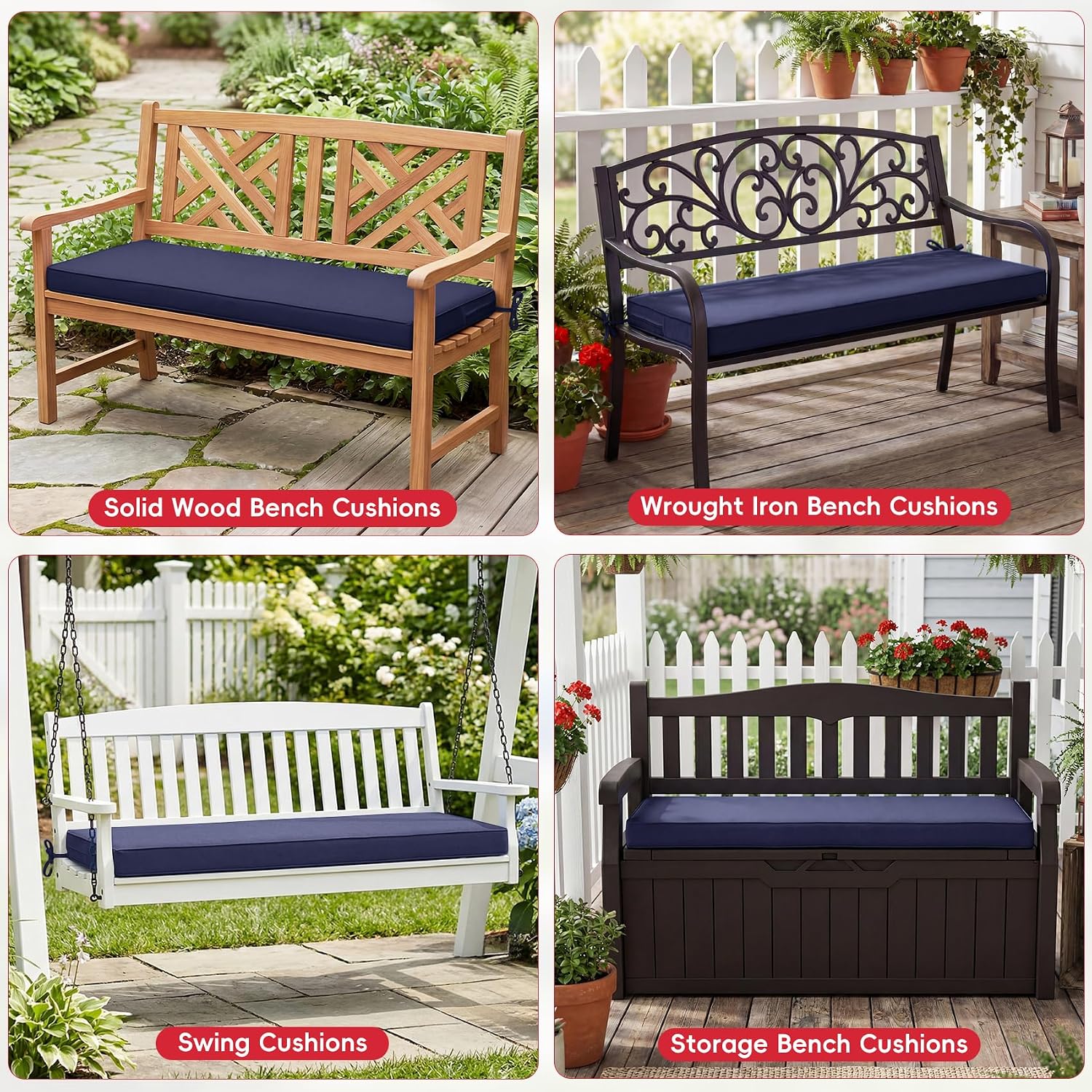 Outdoor Bench Cushion 42 x 18 x 3 Inch, Waterproof & Fade-Resistant Bench Cushions for Outdoor Furniture, Non-Slip Patio Furniture Cushions with Ties, Removable Cover for Garden Porch, Navy Blue