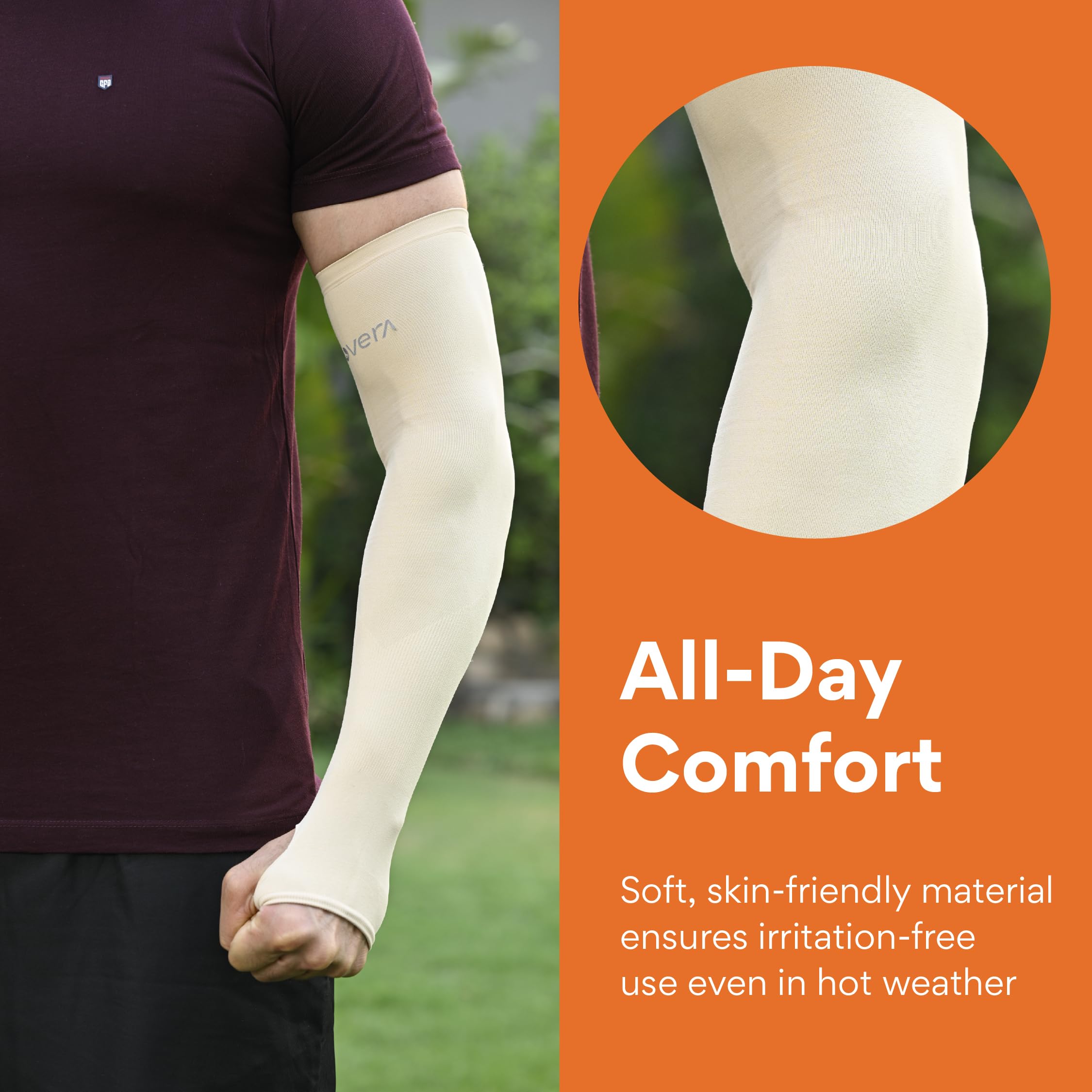 FOVERA UV Sun Protection Arm Sleeves with Thumb Loop for Men & Women – UPF 50+ Cooling Hand Cover for Biking, Cricket, Driving & Cycling – Tan Protection Guard (Beige, 1 Pair) 2