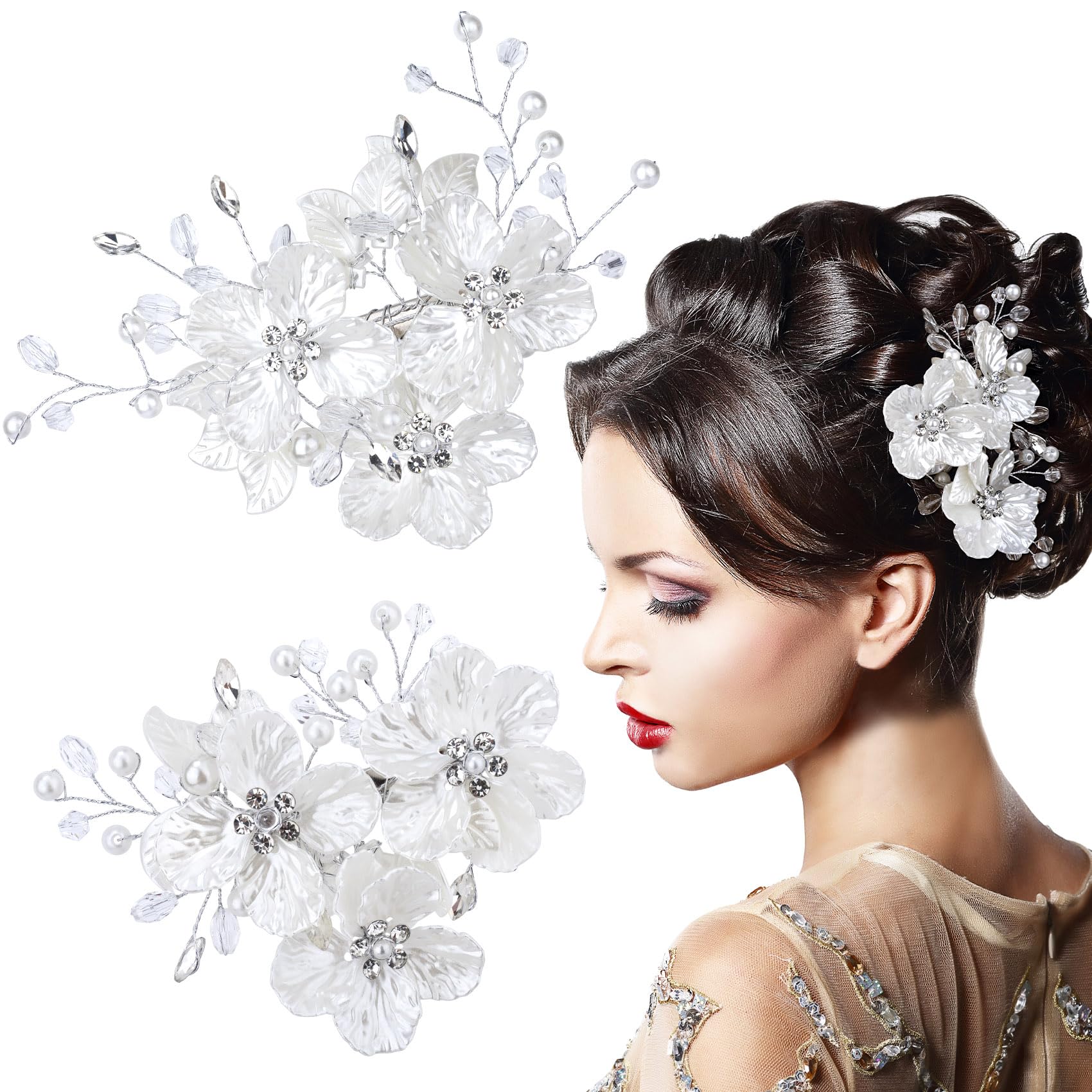 Bridal Wedding Hair Clip Romantic Pearls Rhinestones Floral NWOT Bridal Hair Piece With Porcelain Flowers Accent Leaves  main image 2