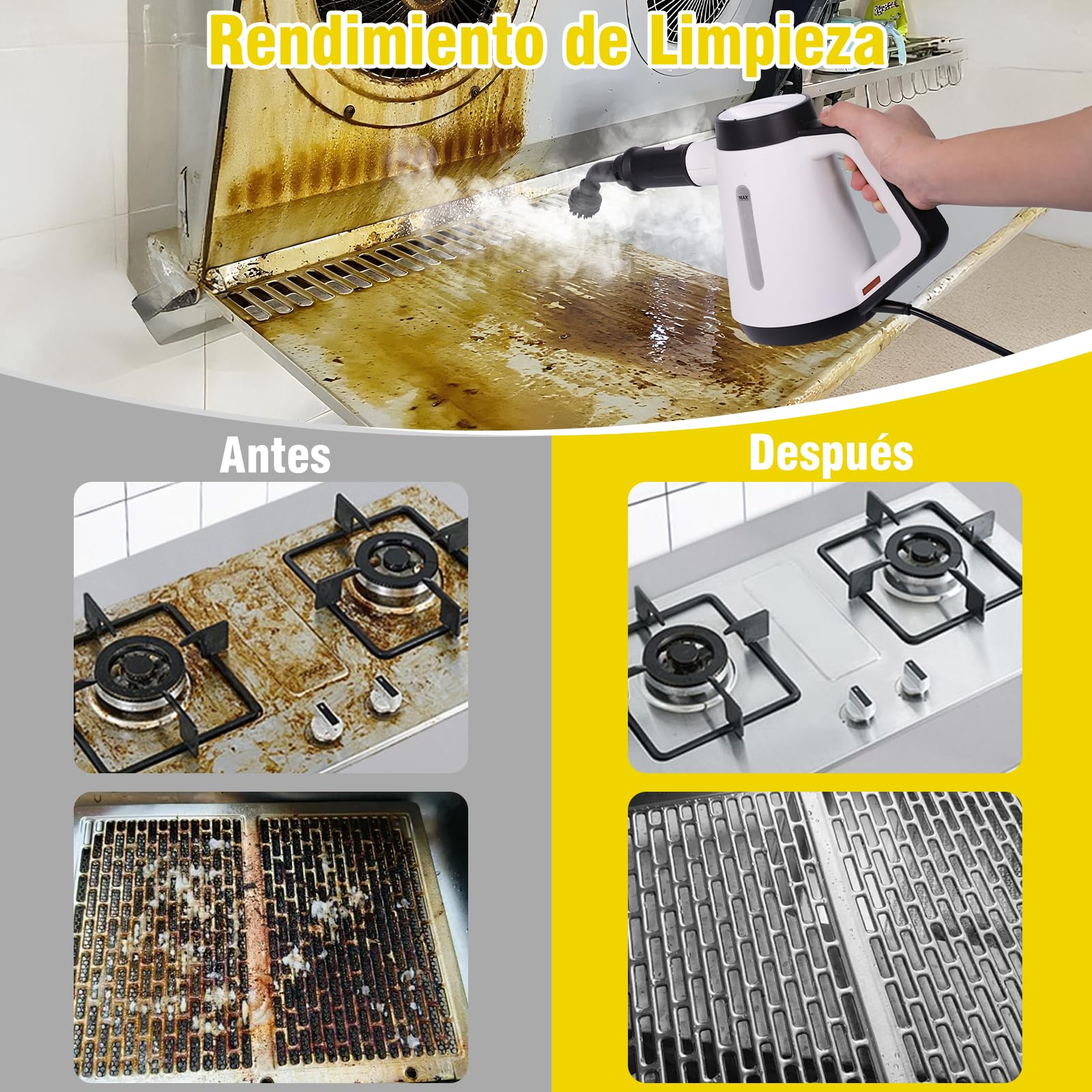 Fippesax Limpiador de vapor 1200W calentamiento instantáneo 15 s 400 ml 9 piezas sin químicos blanco