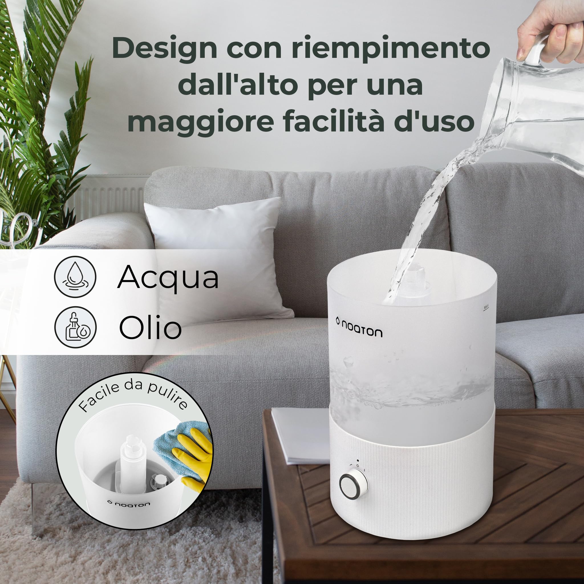 Noaton Essential Umidificatore 3,3L Ultrasuoni Ambiente Bambini, 33h, con Luce e Aromaterapia, Controllo della Nebbia, per Qualsiasi Camera, Silenzioso, Adatto per Piante…
