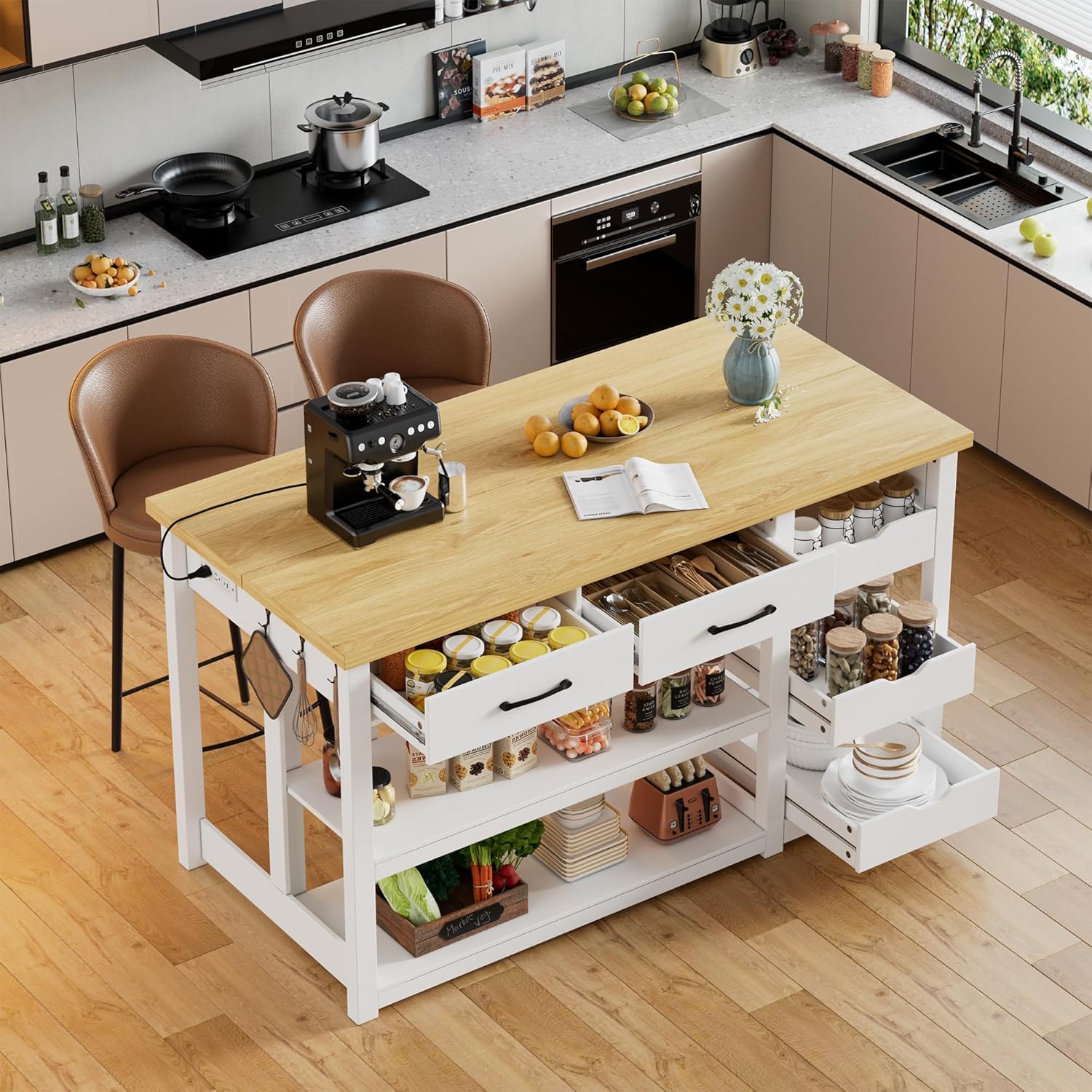 PAKASEPT 55'' Farmhouse Kitchen Island with Storage,Island Table with Movable Shelves,Charging Station,Drawers,Hook,Buffet Sideboard Cabinet for Kitchen Dining Room,White