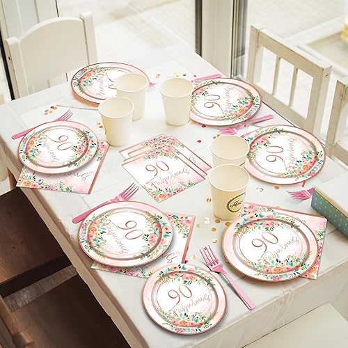 Miniatura 413 de 96 piezas de suministros de fiesta de cumpleaños florales de cumpleaños, platos de papel, servilletas, flores de oro rosa, decoraciones de fiesta