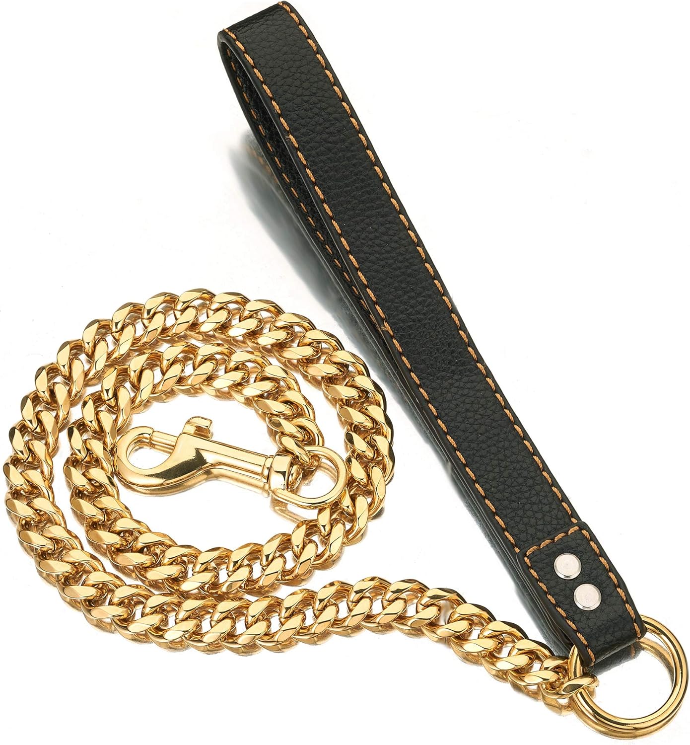 PRADOG Chain Dog Leash Metal Chew Proof 15MM Heavy Duty Pet Leash Chain with Leather Padded Handle for Large Medium Small Dogs(Totally Length of 4ft) Gold