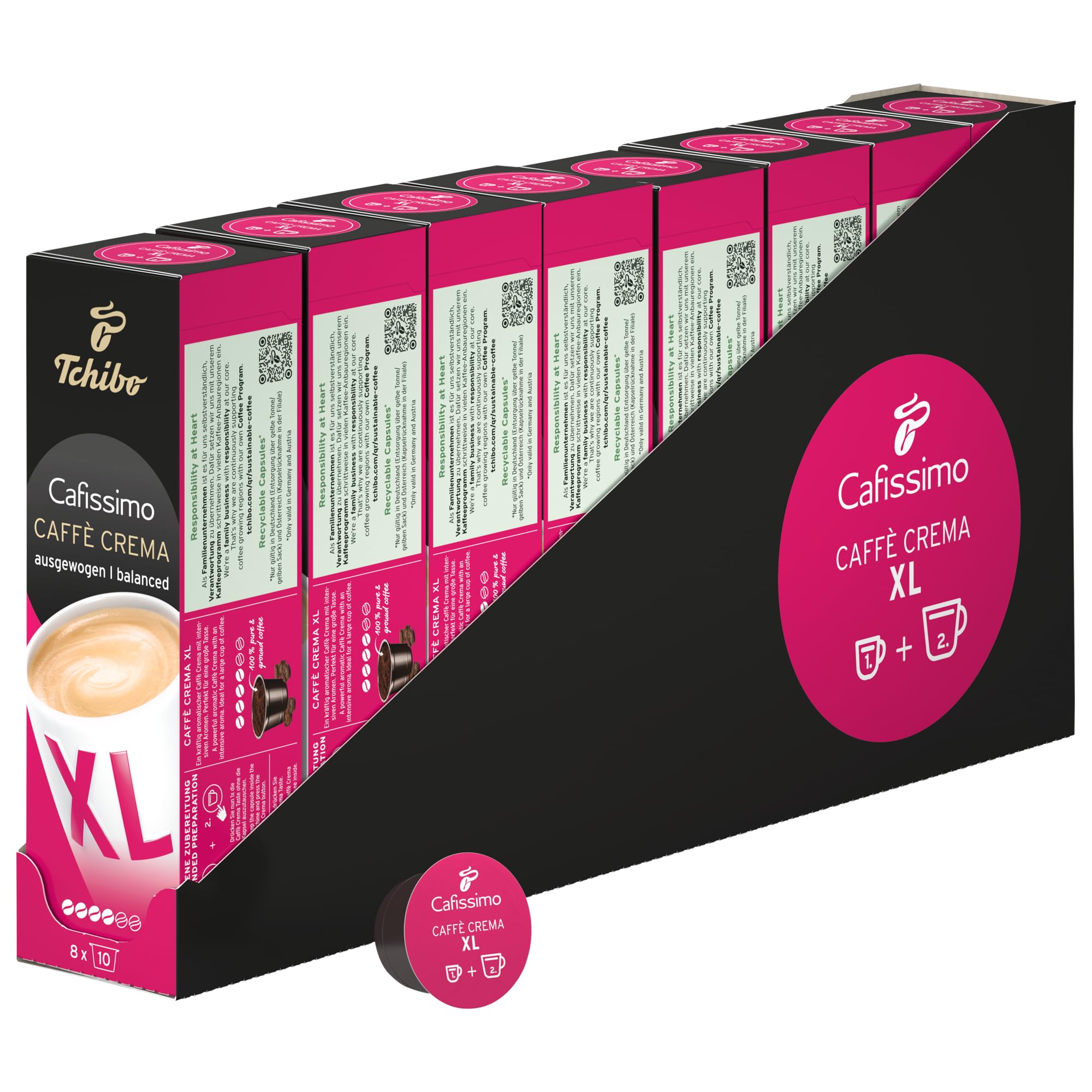 Tchibo Cafissimo Vorratsbox Caffè Crema XL Coffee Kaffeekapseln, 80 Stück – 8x10 Kapseln (Kaffee, kräftig mit intensiven Aromen), nachhaltig & fair gehandelt, für große Kaffeebecher