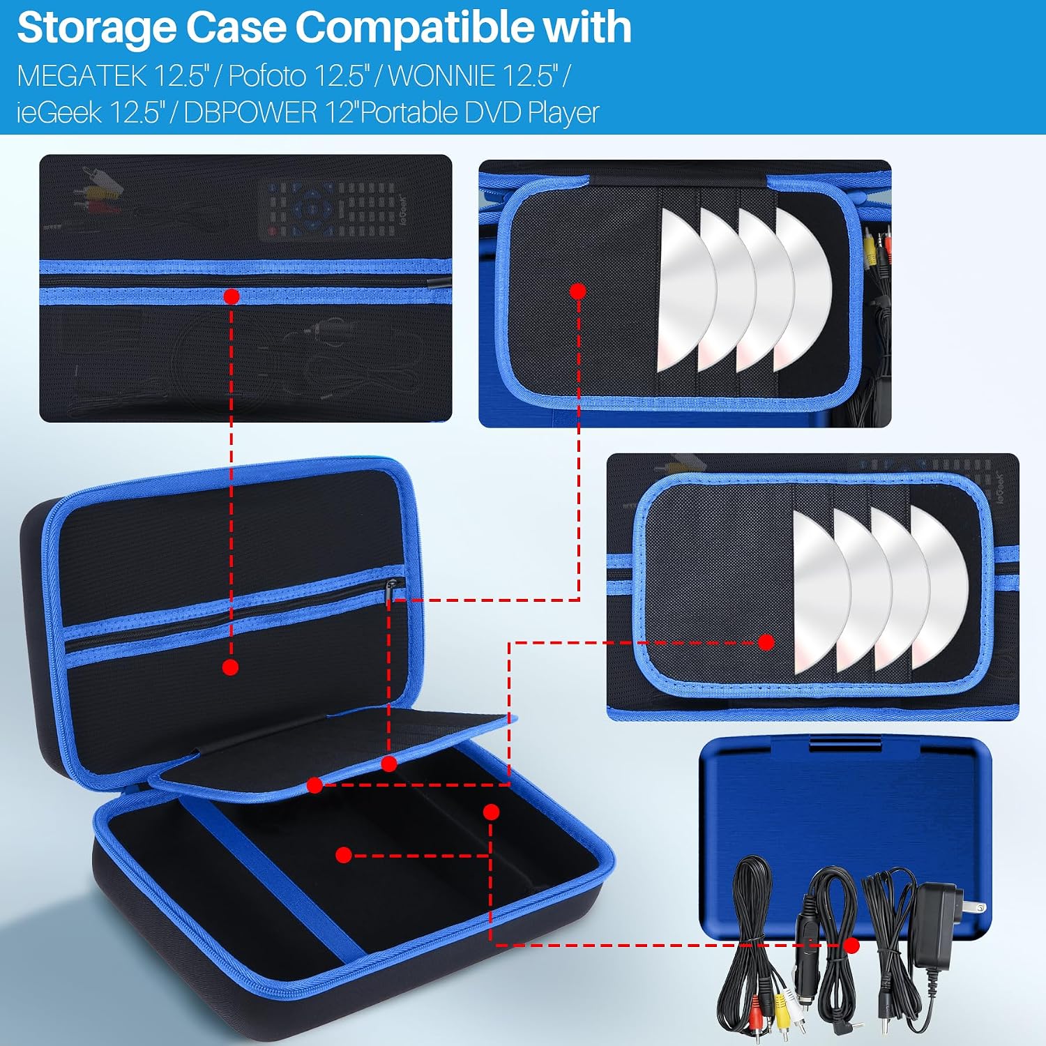 Lebakort Storage Case Compatible with MEGATEK 12.5" / Pofoto 12.5" / WONNIE 12.5" / ieGeek 12.5" / DBPOWER 12" Portable DVD Player (Black + Blue Zipper, for 12-12.5 Player) 4 81B4c2n9CPL. AC SL1500